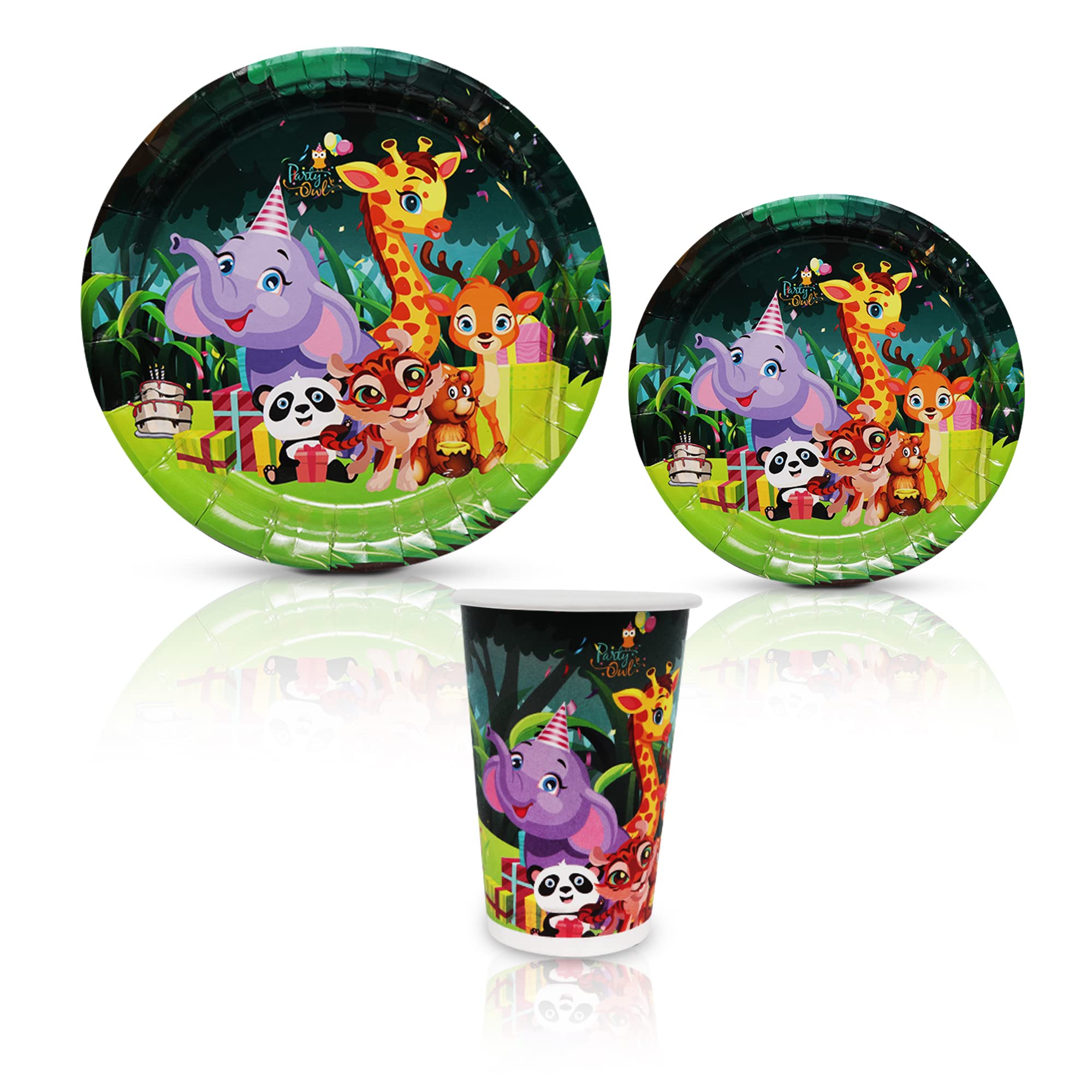 Party Owl Virgin Food Grade Quality Paper 350 GSM Theme Birthday Party Paper Disposable Plates & Cups Combo Sets for Girls & Boys (Jungle, Medium Pack -20 Guest)