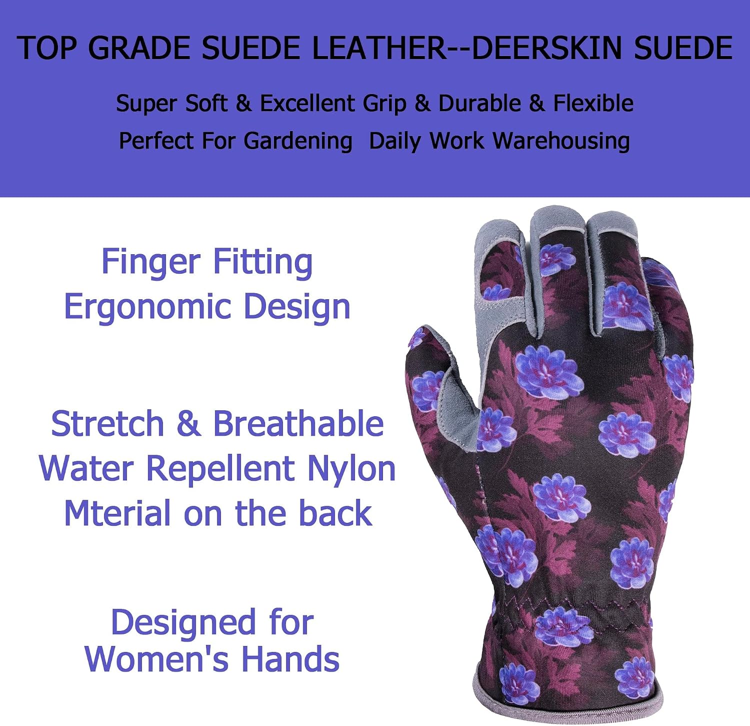 Premium Genuine Deerskin Suede Women's Gardening Gloves, Ultra-Soft Padded, Comfort Fit for Work (SD6613/M)