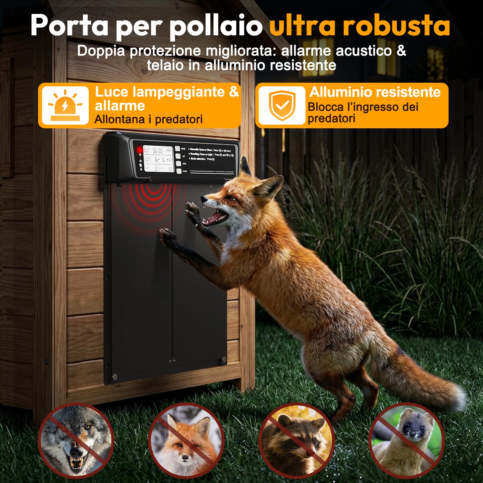 Porta Automatica Pollaio Solare con Funzione Manuale e Timer, Porta Pollaio Automatica Solare Anti-schiacciamento | Lega di Alluminio | Telecomando | Batteria ad Alta Capacità | Grande Pannello Solare