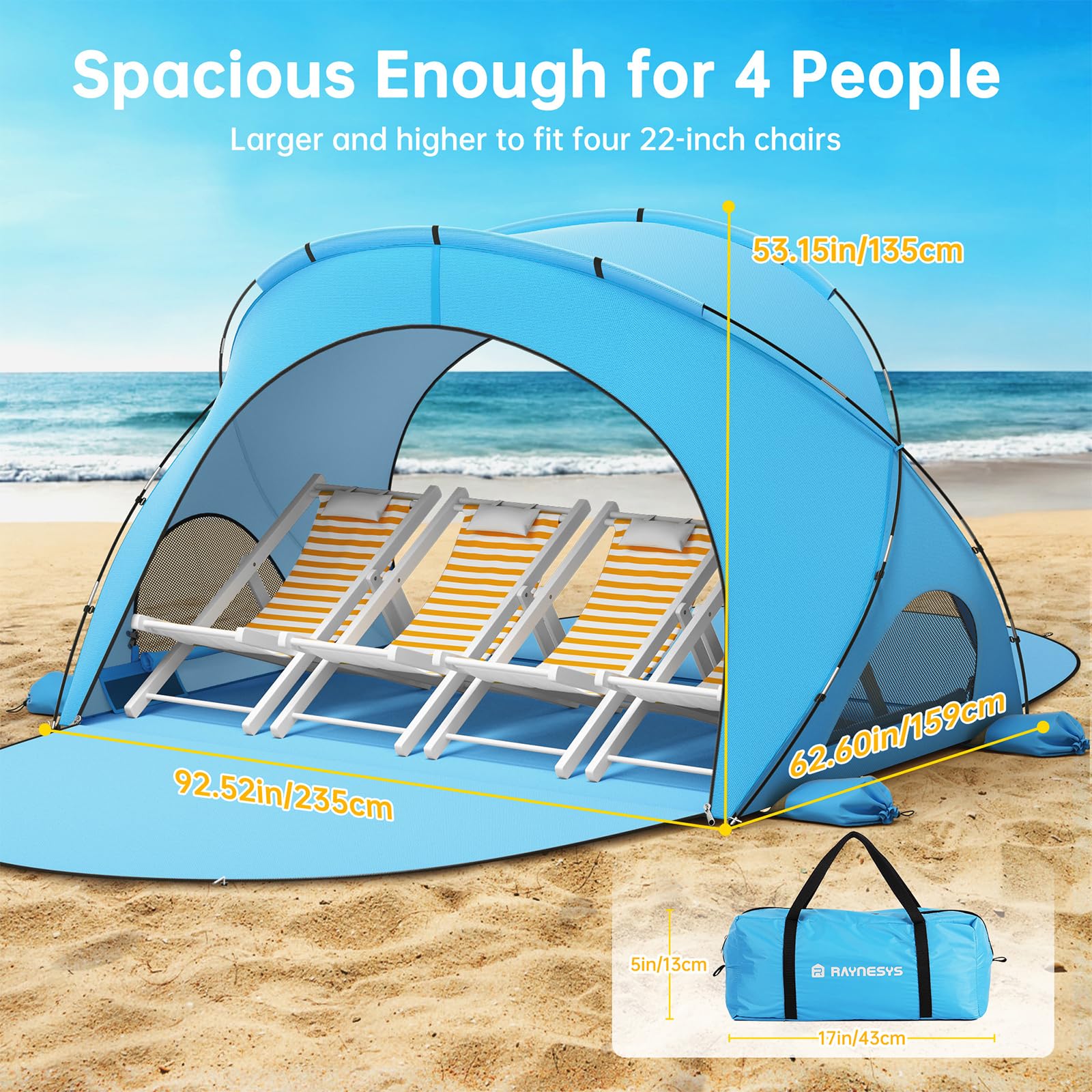 Raynesys Tenda da Spiaggia Parasole, Ombrellone con 2 Porte con Cerniera, Tenda da Spiaggia per 1-4 Persone, Parasole Portatile per Campeggio e Pesca, Blu