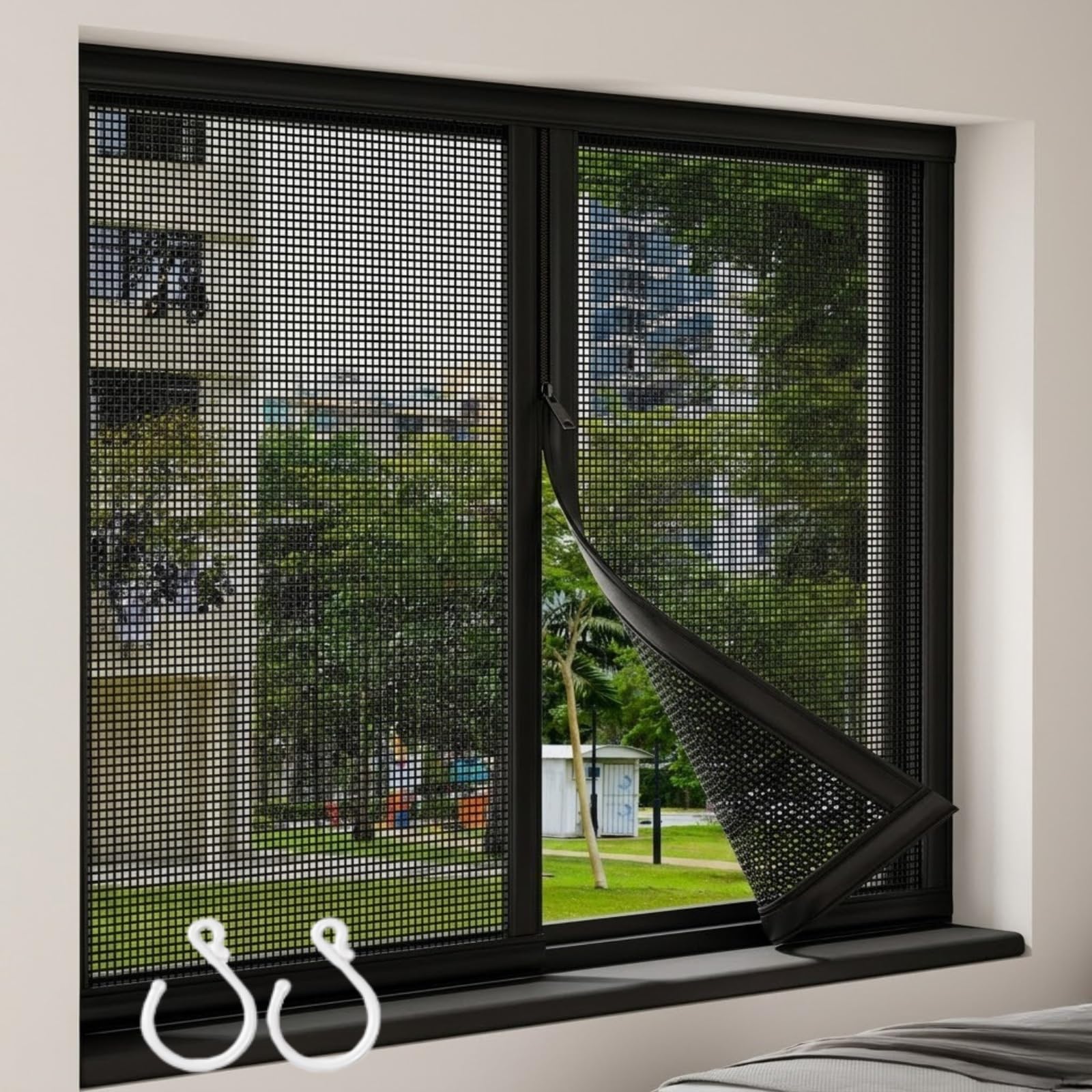 Zipper Version Fiberglass Mesh Window Screen, Mesh Curtain With Hooks Adhesive Tape, Keep Bugs Out Cat Scratch Resistant Self-Adhesive Screen For Kitchen Bedroom Temporary(Black,60x100cm)
