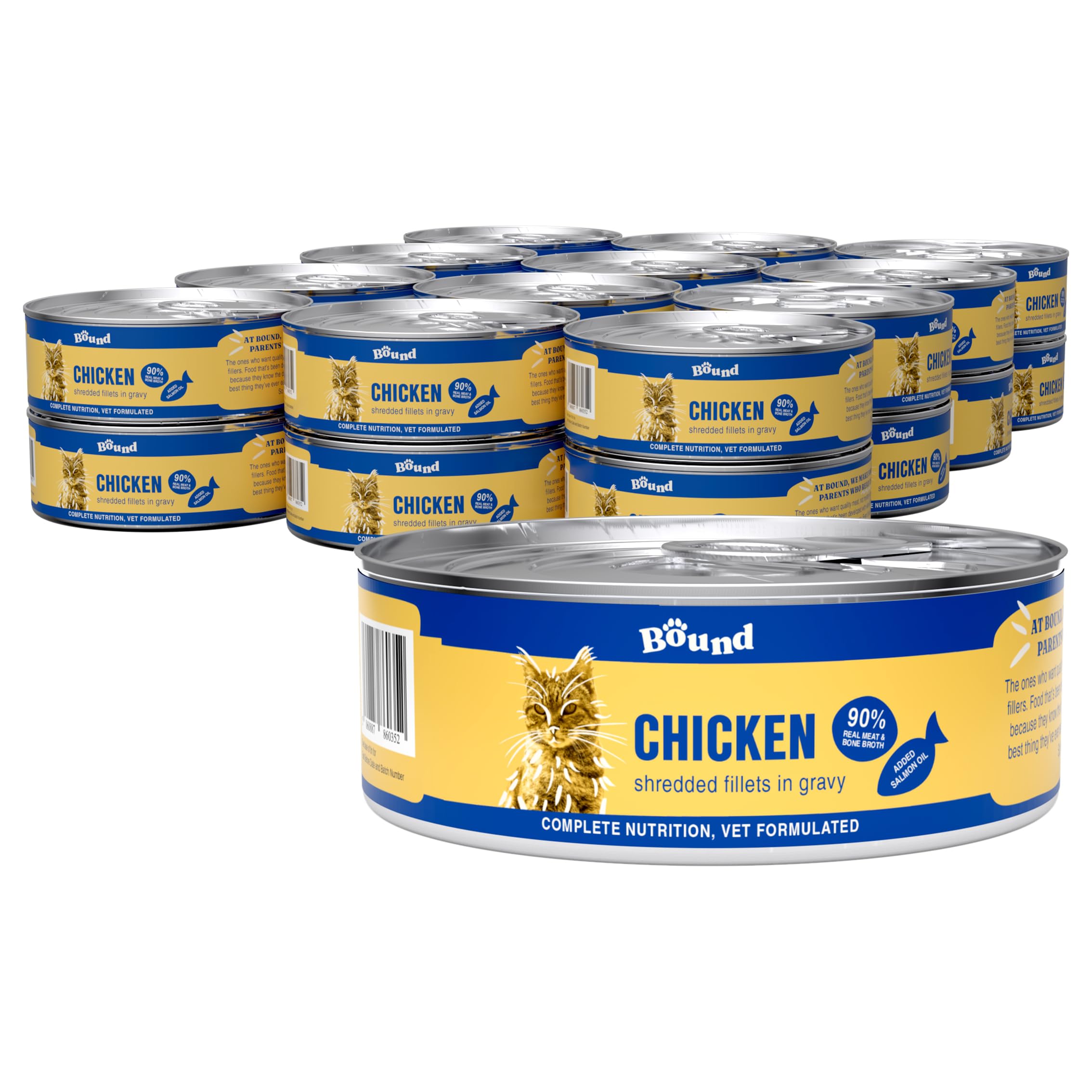 Bound Pets Wet Cat Food: 70% Chicken, Grain-Free, Vet-Developed Wet Cat Food - Shredded Chicken in Gravy for Cats (18 x 70g cans)