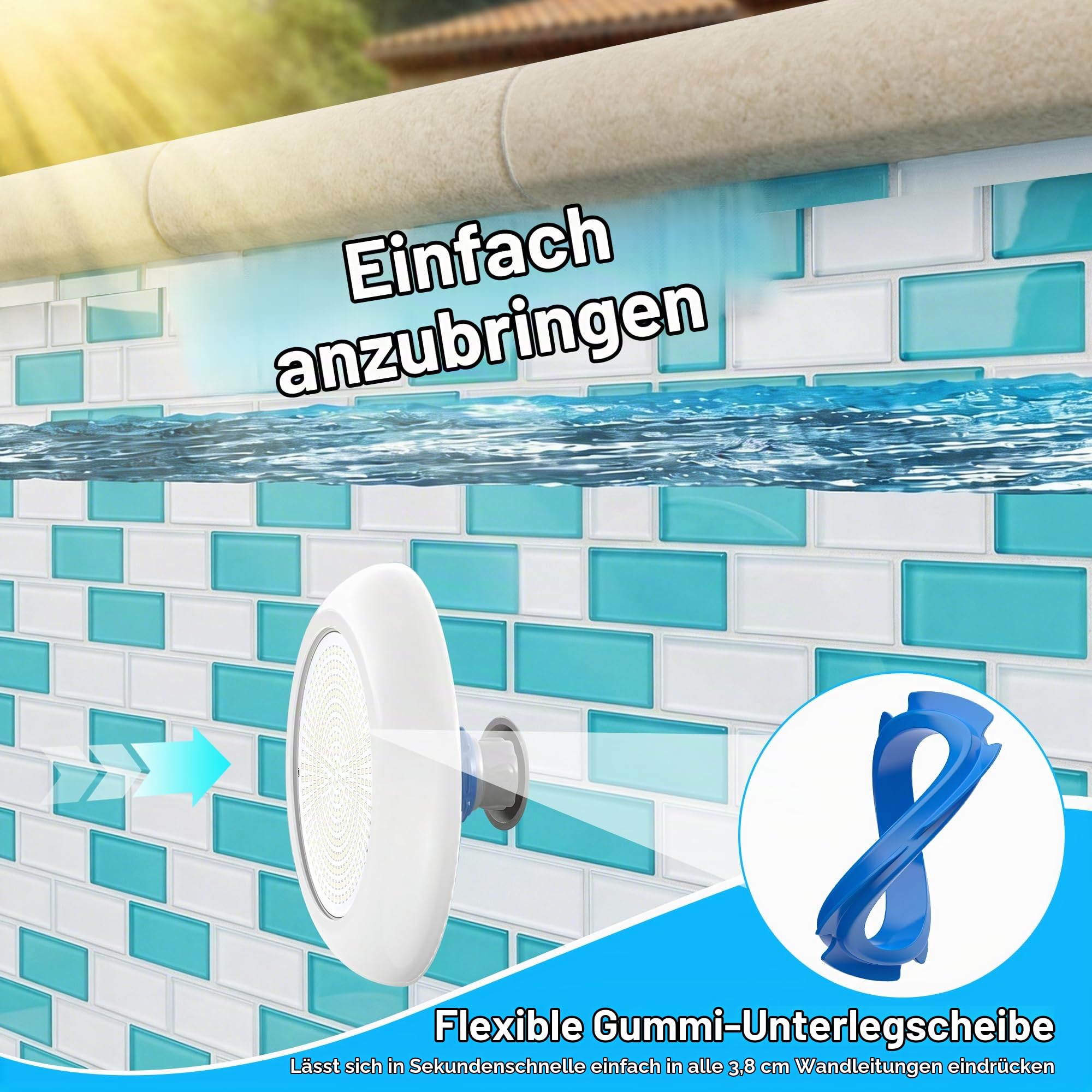 LED Poolscheinwerfer mit 1,5" Außengewinde, 12W Harz Gefüllt Poolbeleuchtung 6000K Nicht Dimmbar, 1200lm, Ø190mm, 12V AC/DC Unterwasser LED Poollampe für Einbaunische 1 1/2 Zoll der Beckenwand