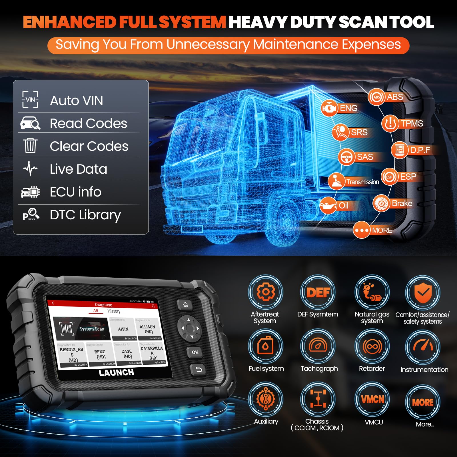 LAUNCH CRP129 HD Elite OBD2 Diagnosis Escáner for Camiones Pesados | Sistema Completo for Camiones, 7 Servicios de Restablecimiento for 99% Vehículos Comerciales. Herramienta OBD2 Diagnóstico.
