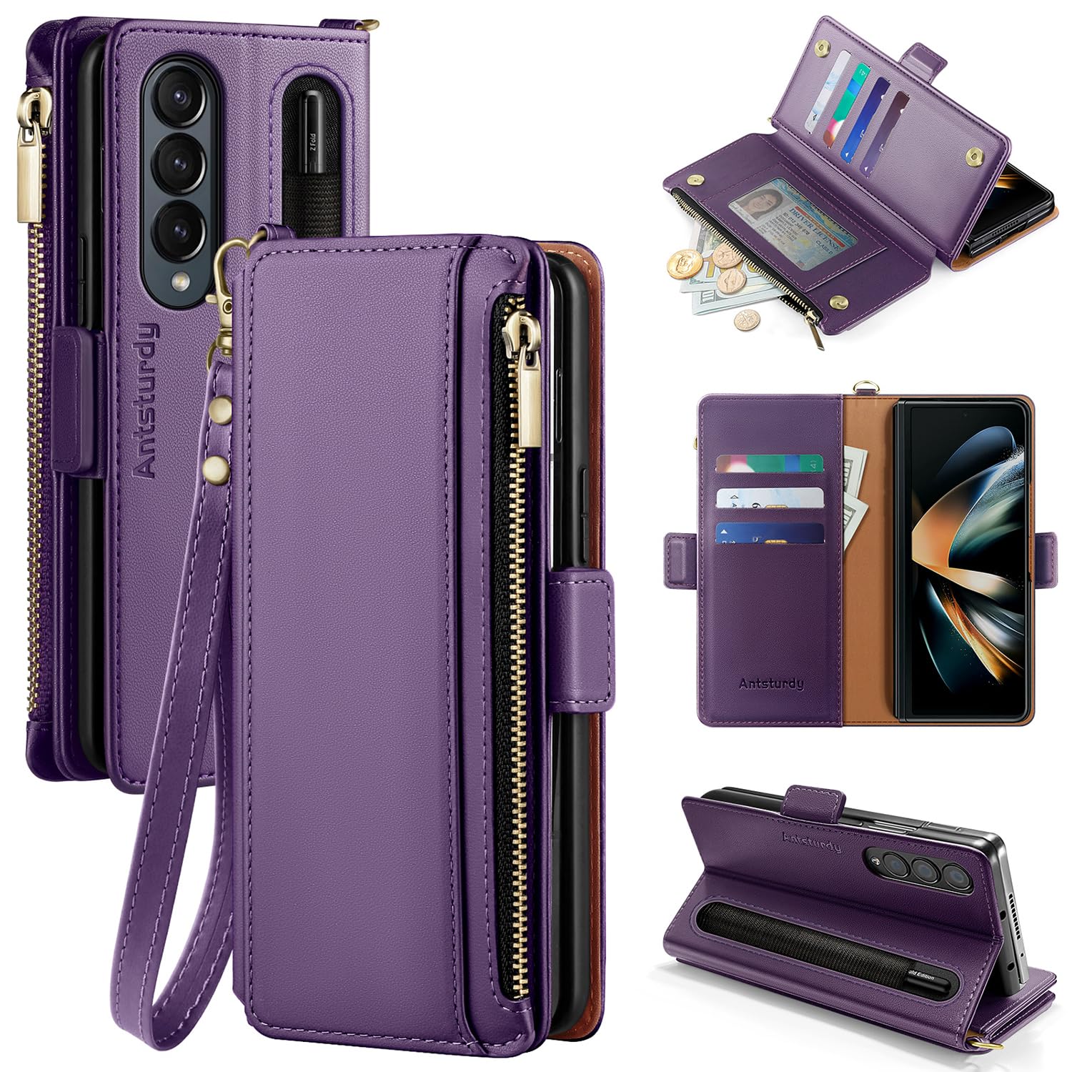 Antsturdy Compatible with Samsung Galaxy Z Fold 4 Case Wallet Women with【S Pen Holder】 Phone Case with Card Holder Strap PU Leather RFID Blocking Flip