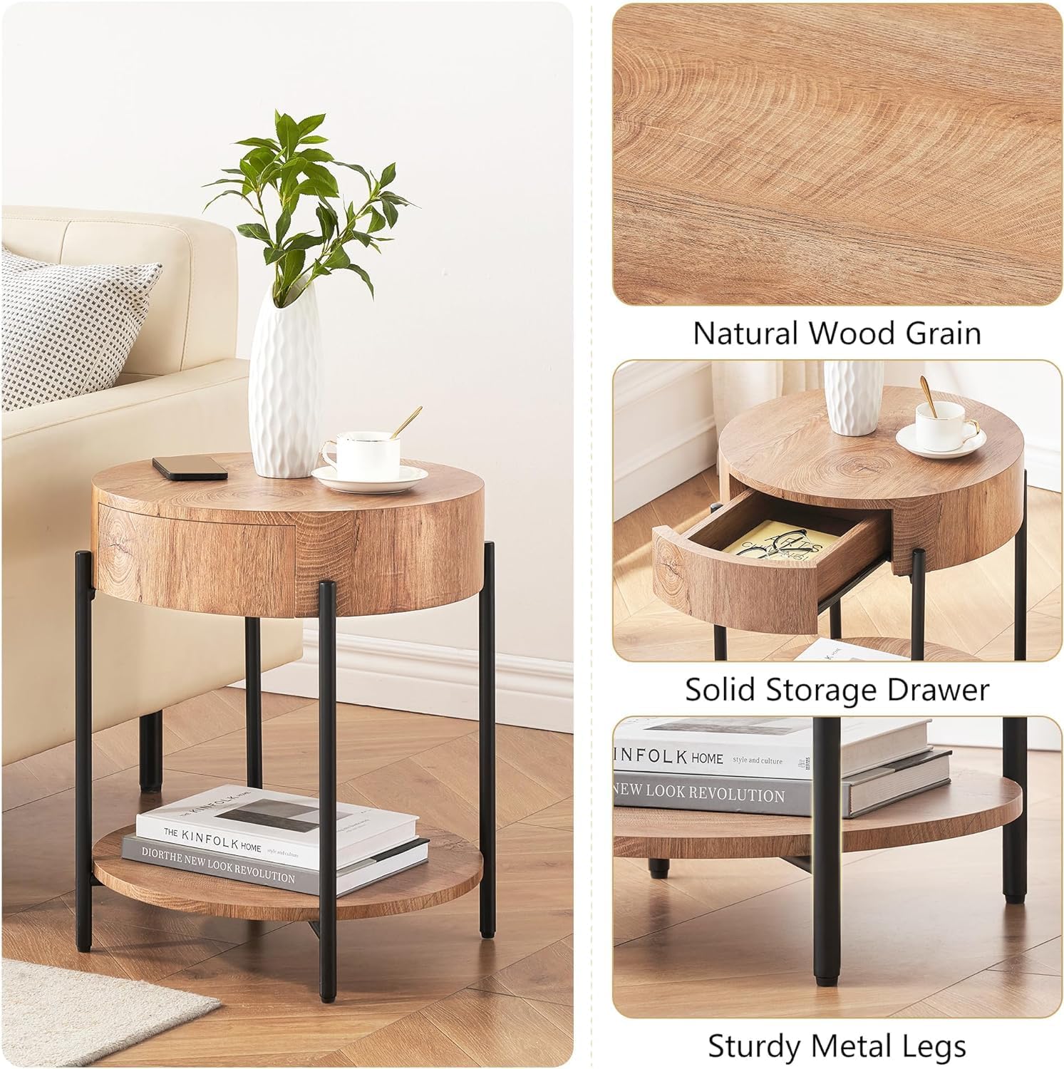 Table Basse Ronde 2 Niveaux avec tiroir et étagère Ouverte - Design Moderne en MDF Hydrofuge et Pieds métal - Idéale Salon/Chambre - 50x50x54,5 cm - Motif : Anneaux annuels