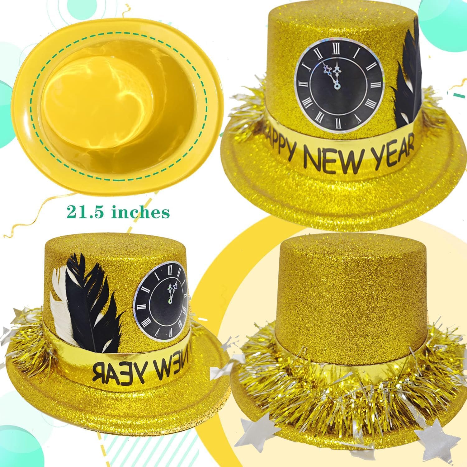New Year's Eve Party Supplies 2025 - 6 Pcs Adults Black, Silver & Gold Glitter Top Hats with Feather - New Year's Celebration Hats