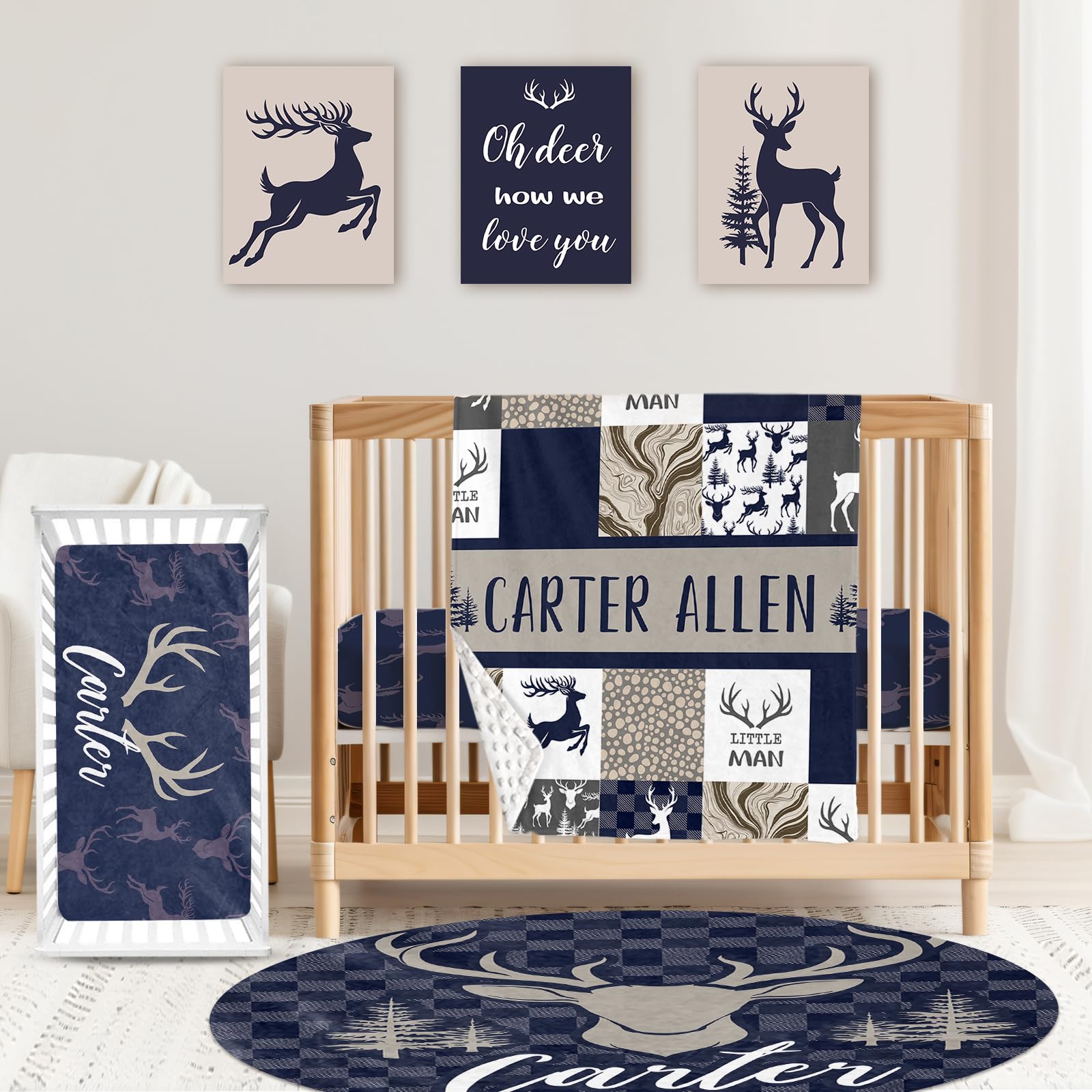 Custom Baby Crib Bedding Set Personalized Name Navy Deer Theme Nursery Bed Set 4 Piece Baby Blanket Fitted