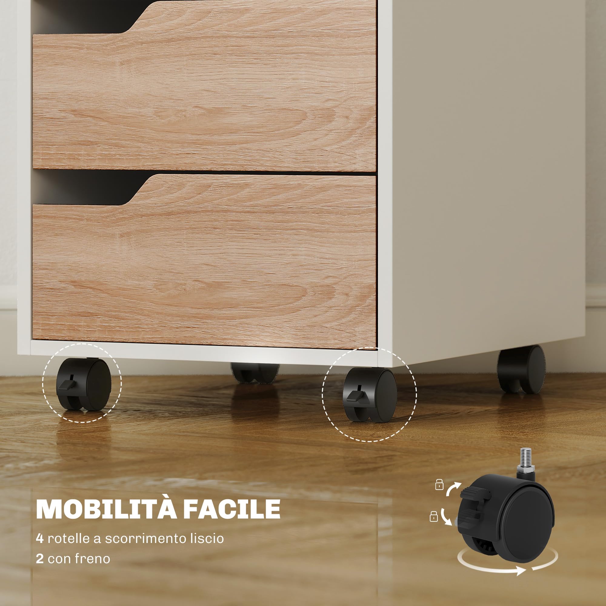 HOMCOM Cassettiera da Ufficio Portadocumenti a 3 Cassetti con Maniglie a Scomparsa, Armadietto da Ufficio a 4 Ruote in Legno e Metallo, 40x50x57.5 cm, Legno e Bianco
