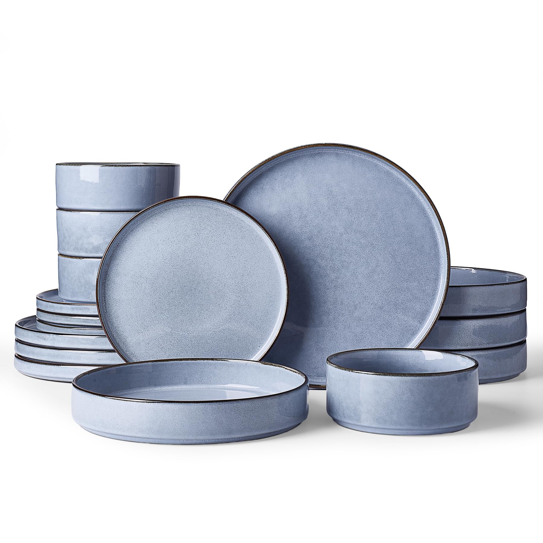 Famiware Annecy 16-Piece Dinnerware Set with Pasta Bowls, Reactive Blue