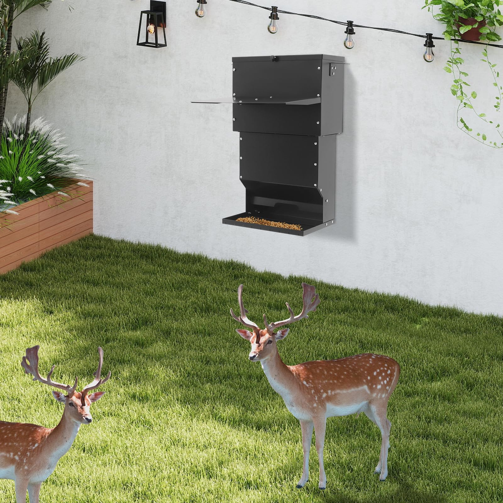 Comedero de ciervos negro, 27 kg, acero al carbono resistente a la lluvia, alimentador automático de ciervos, alimentador automático para aves de corral con tapa, 41 x 26 x 67 cm