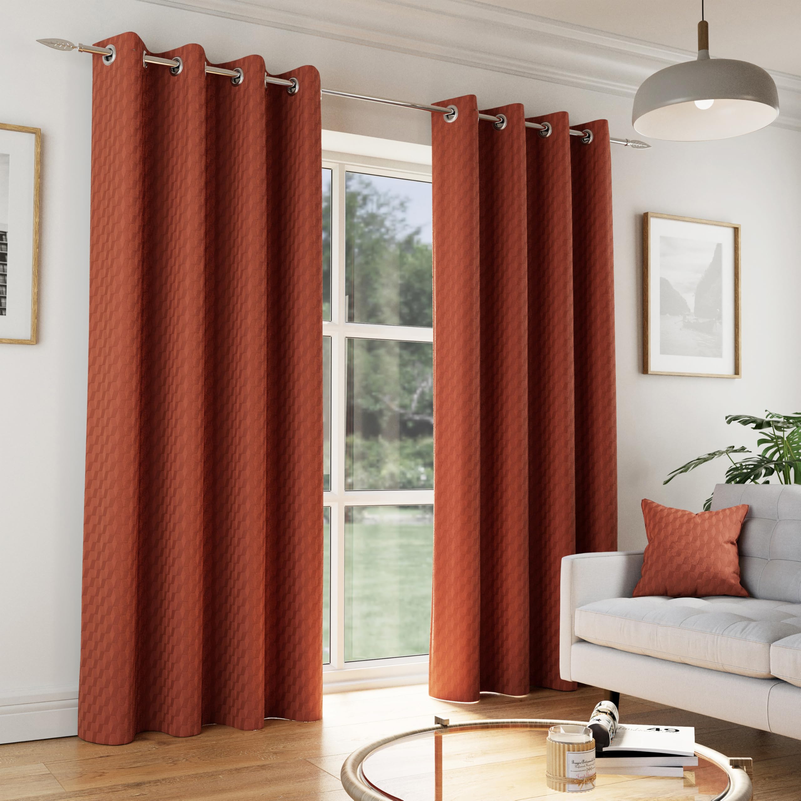 Enhanced Living Tokyo Orange Velvet Embossed Thermal Darkening Eyelet Curtains 168cm W x 137cm L