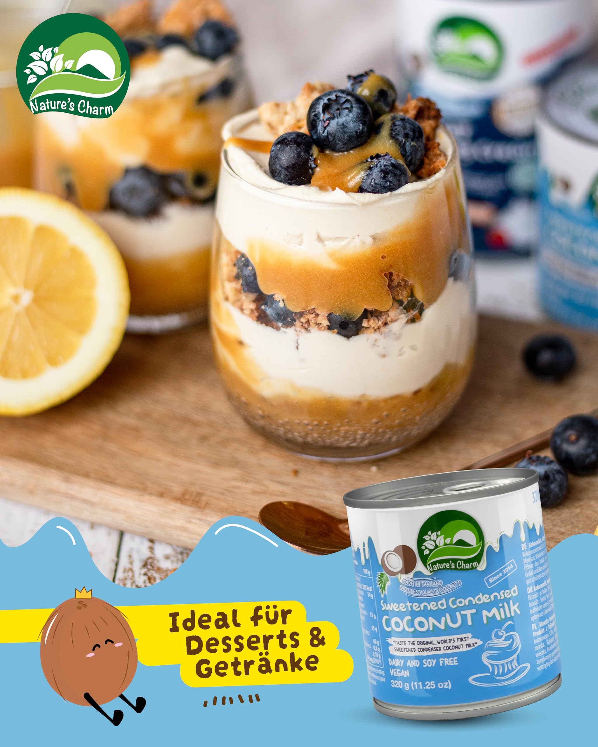 Nature’s Charm eingedickte, gesüßte Kokosnussmilch I Vegane Kokosmilch mit cremiger, aromatischer Konsistenz I Ideal zum Backen, für Desserts, Kaffee und Tee I 6 x 320 g