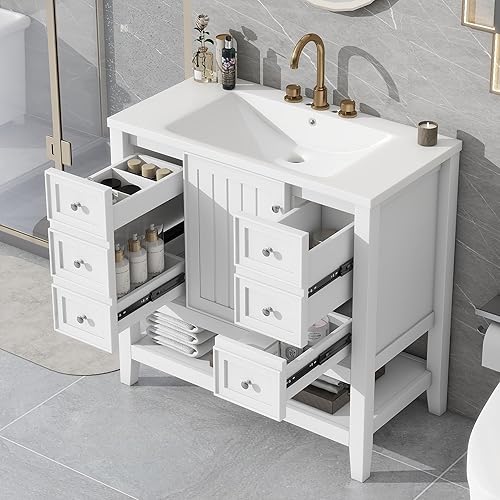 Harper & Bright Designs 36" Bathroom Vanity with Sink, Free Standing Single Basin Vanity Set with One Cabinet and Three Drawers, Wooden Bathroom Cabinet with Ceramic Sink for Bathroom, White