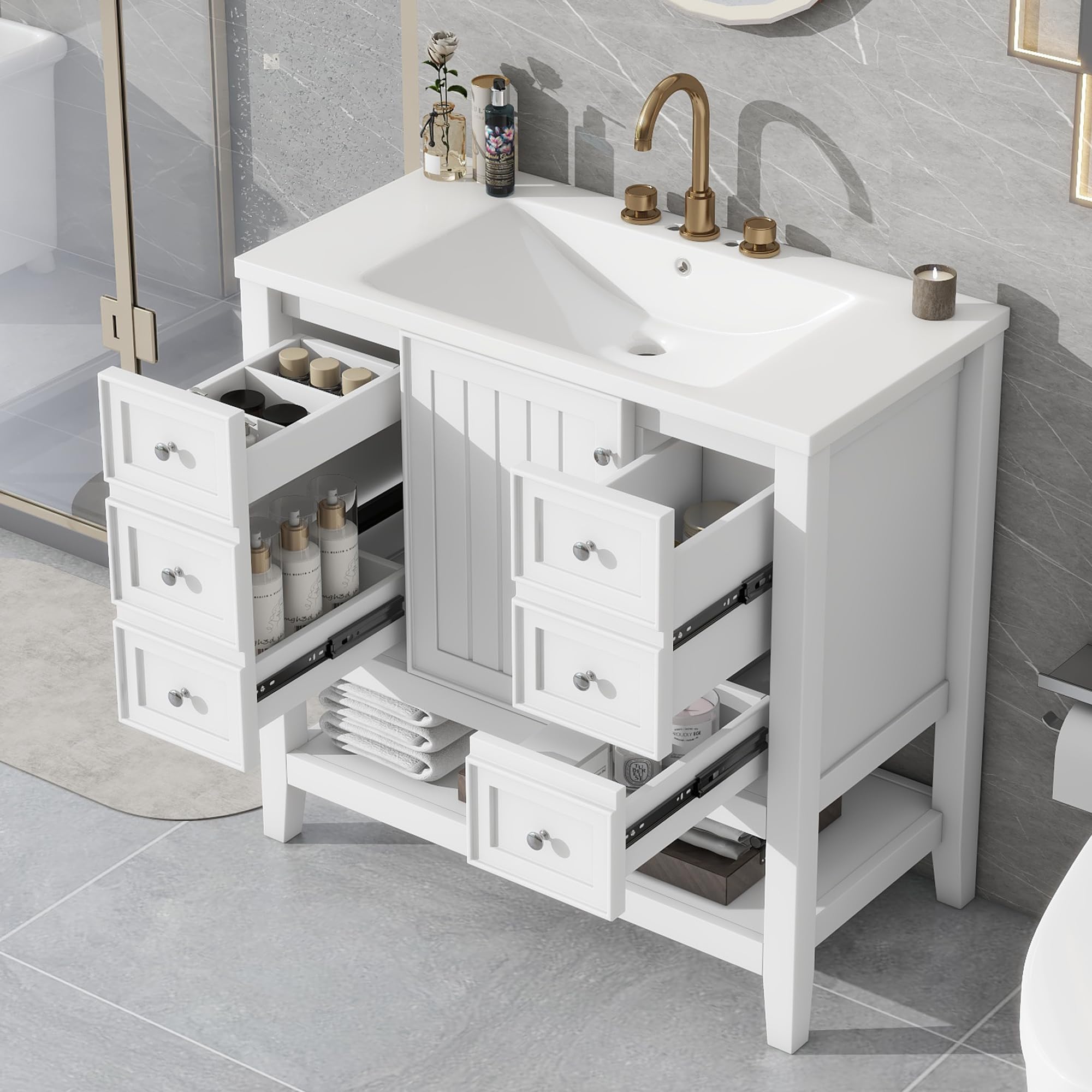 harper & bright designs 36" bathroom vanity with sink, free standing single basin vanity set with one cabinet and three drawers, wooden bathroom cabinet with ceramic sink for bathroom, white