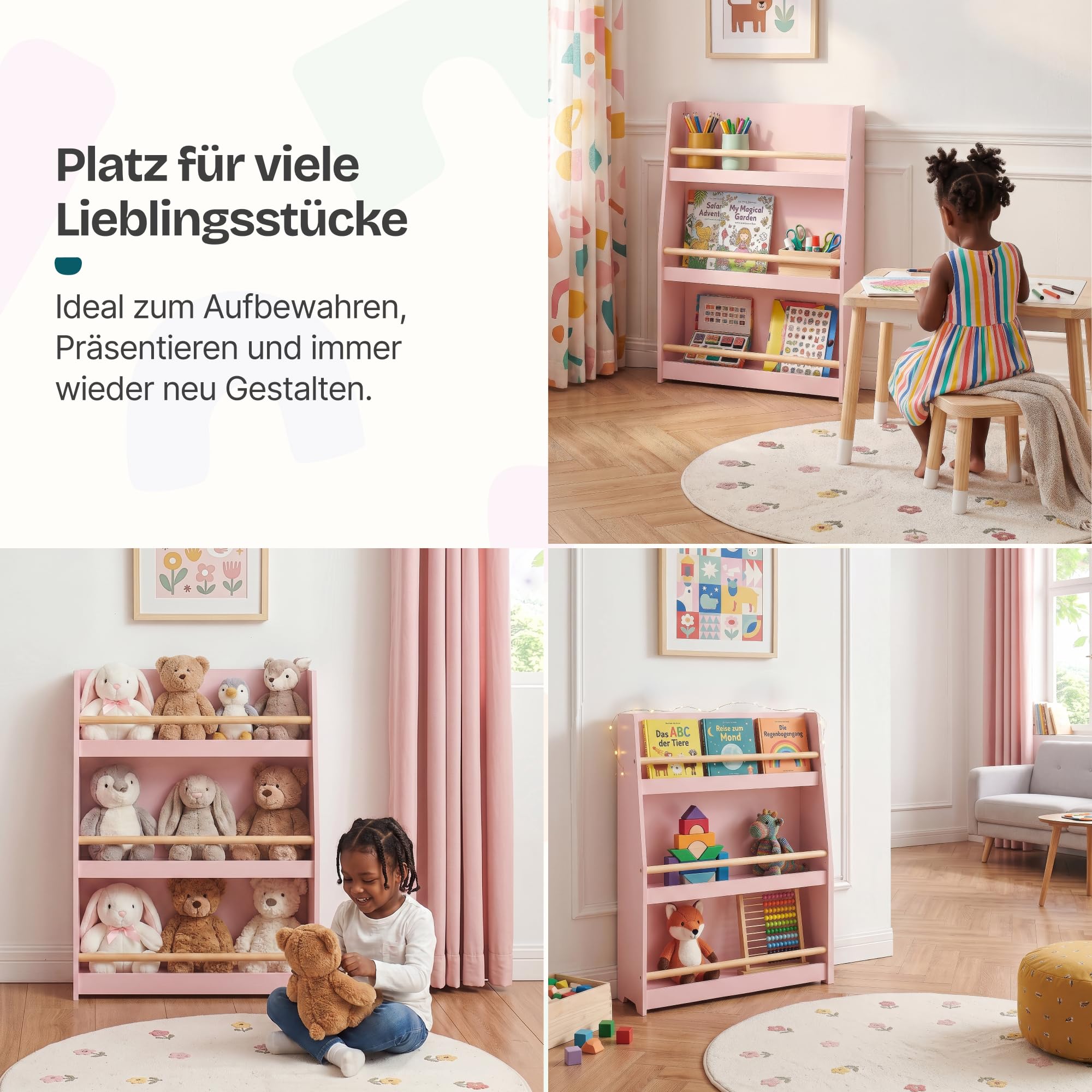 [en.casa] Kinder Bücherregal Virer Kinderregal mit 3 offenen Fächern Aufbewahrung Montessori Standregal 78 x 60 x 18 cm Kinderzimmeregal 3 Ebenen Rosa