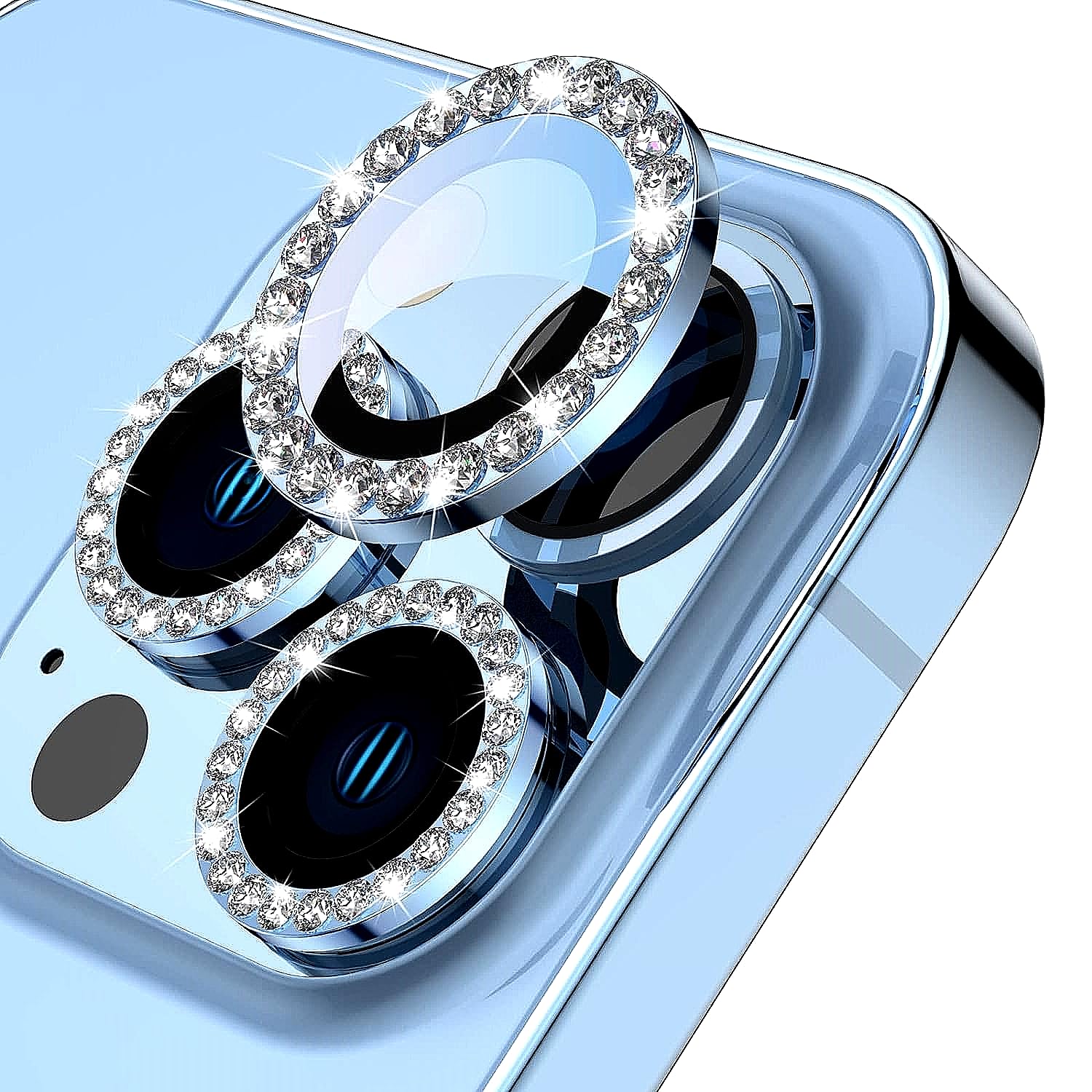 iShield Camera Lens Protector Compatible for Apple Iphone 13pro/Iphone 13pro max, [Anti-Scratch] Premium Tempered Glass Film Aluminium Alloy Diamond Lens Ring Cover-(green/blue) (Sierra Blue)