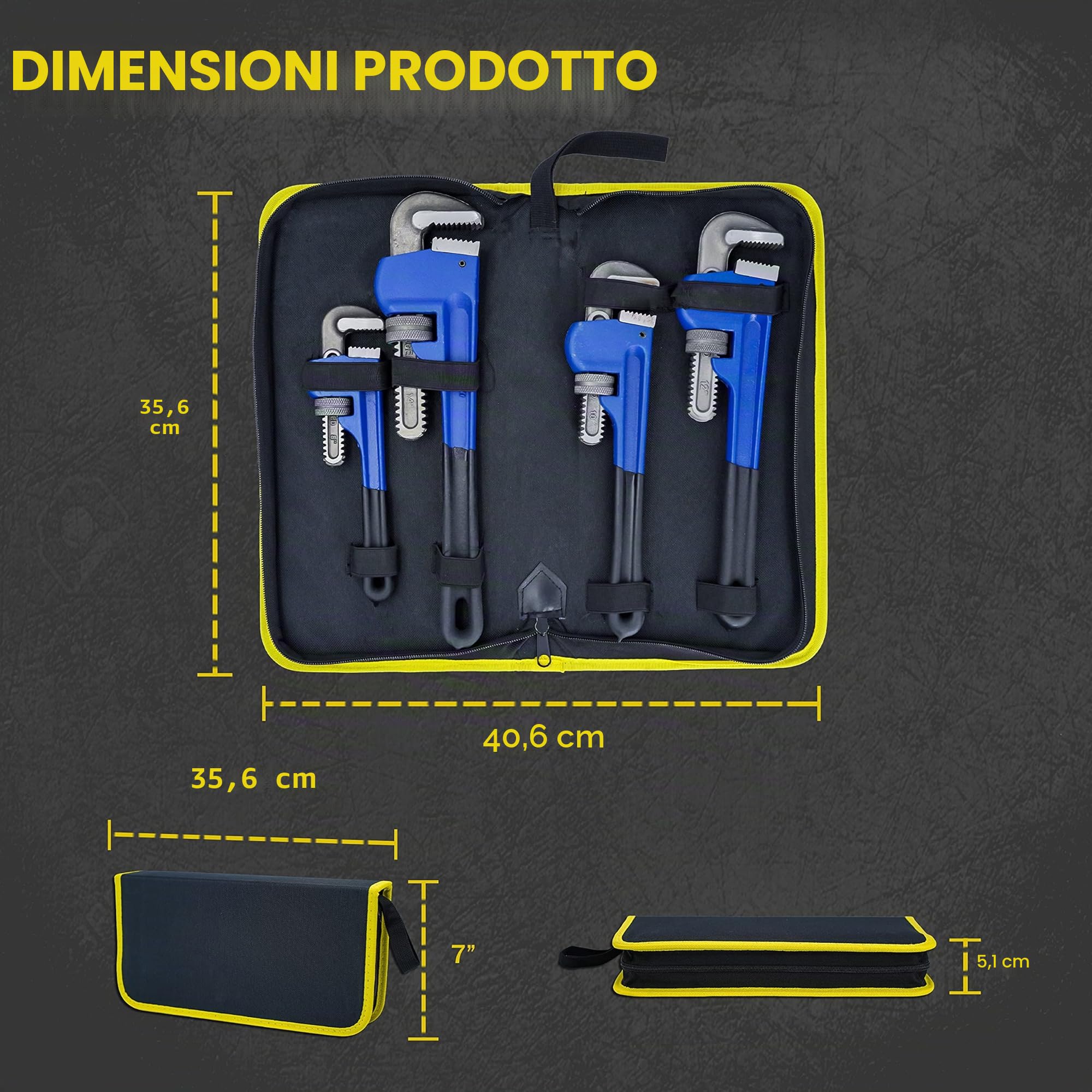 Set di 4 chiavi per tubi, resistenti e trattate termicamente, regolabili da 8, 10, 12, 14 pollici, con custodia per riporre