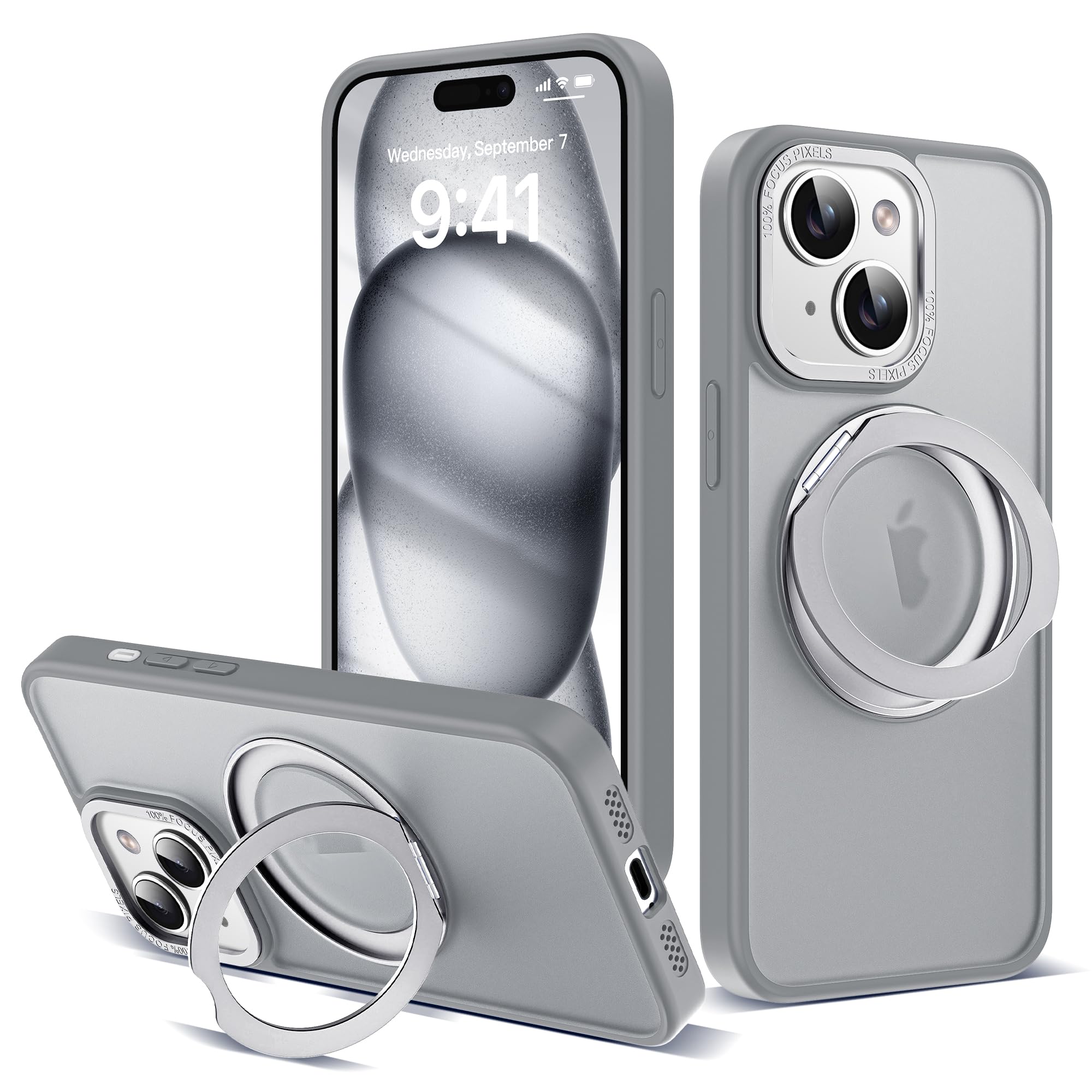Designed for iPhone 15 Case with 360° Rotatable & Invisible Magnetic Ring Stand [Compatible with Magsafe] Military-Grade Translucent iPhone 15 Phone Case 6.1", Titanium Grey