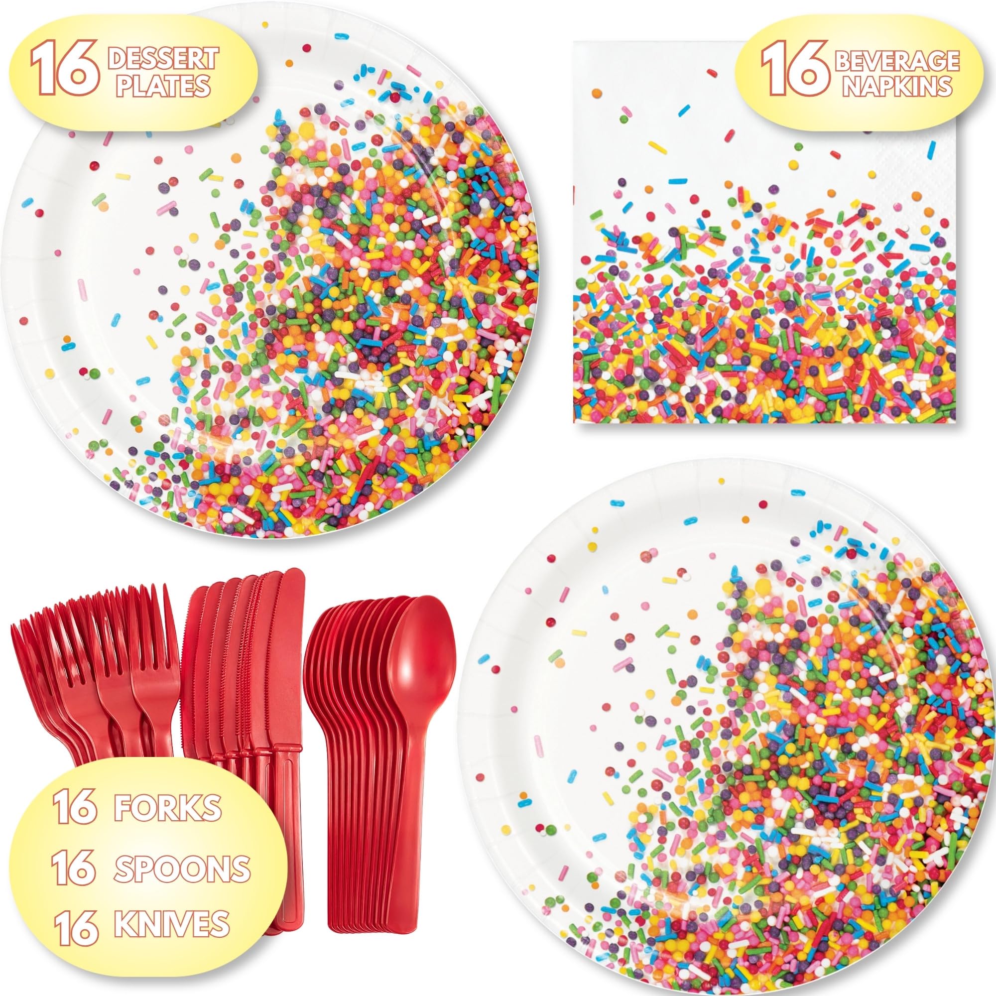 Confeti Sprinkles - Juego de platos de papel, servilletas, tazas y cubierta de mesa de plástico (sirve 16)