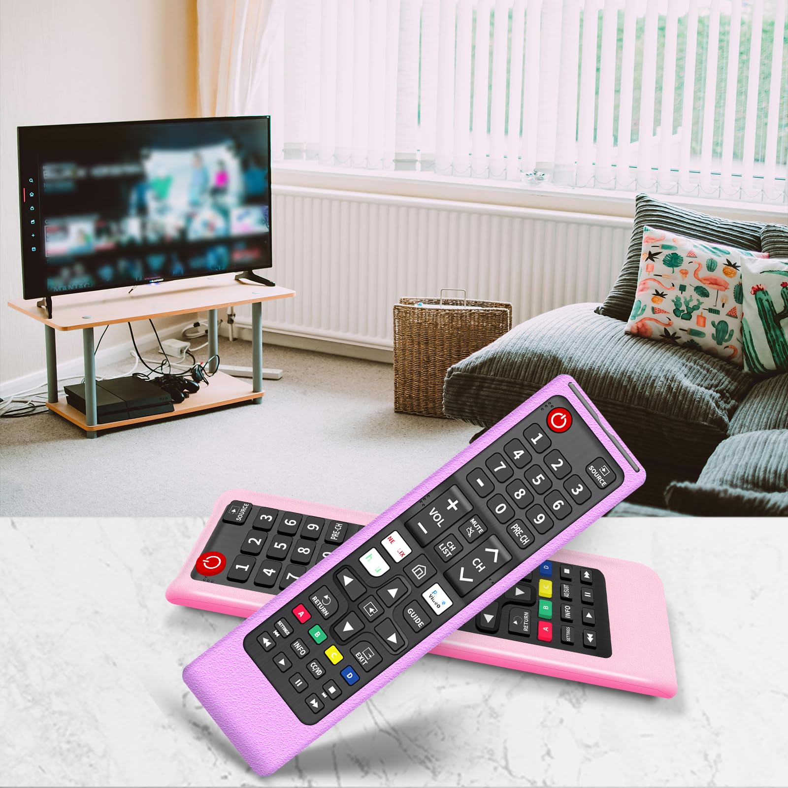 Mando a distancia de repuesto (3+3 paquetes) sin configuración para Samsung TV con funda protectora suave de silicona antipérdida, verde, rosa y morado, compatible con modelos de televisores