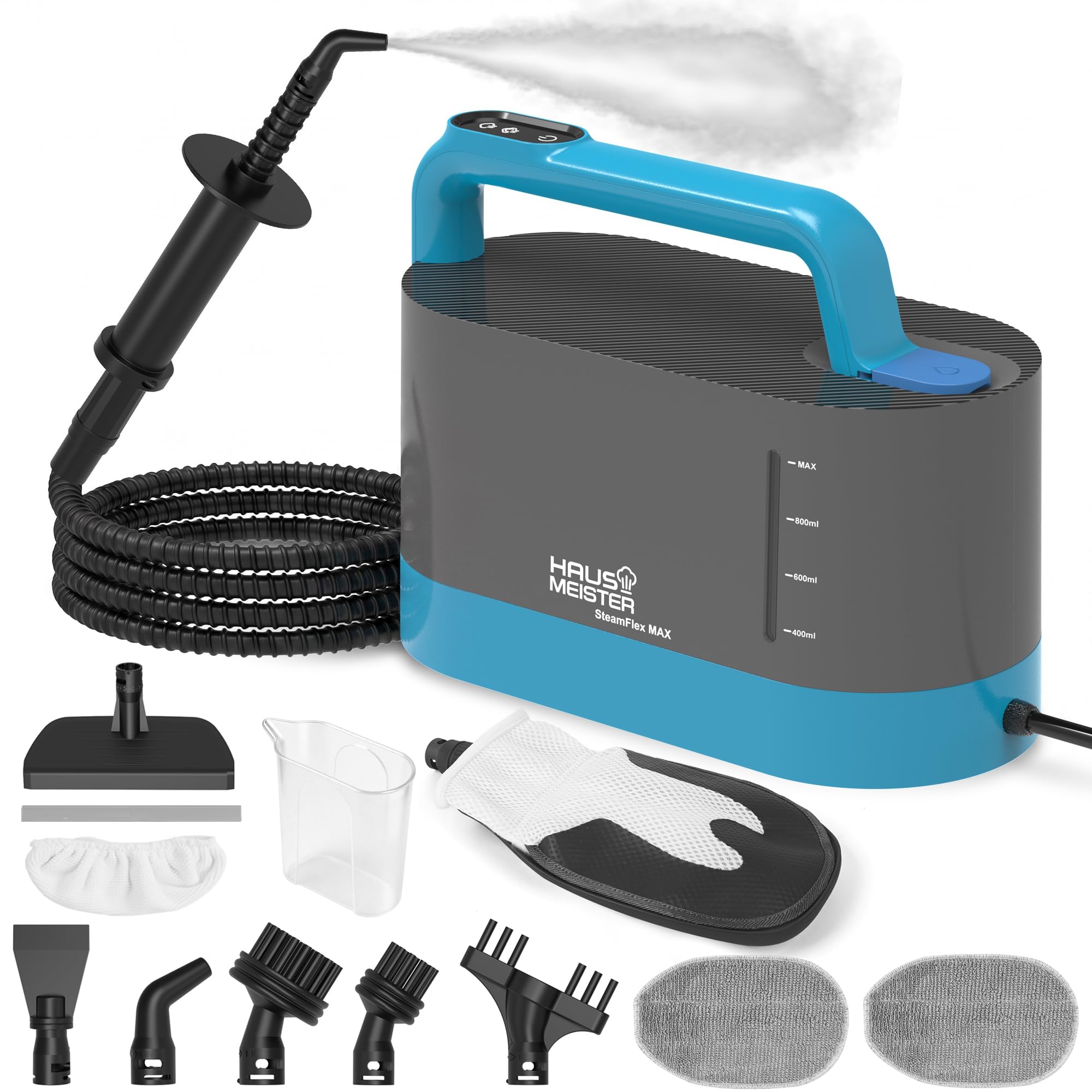HAUS MEISTER Steamflex Max - Limpiador de vapor portátil de 1200 W para el hogar, tanque de 1 litro, accesorios para cocina, baño, azulejos, lechada, tapicería y ventanas