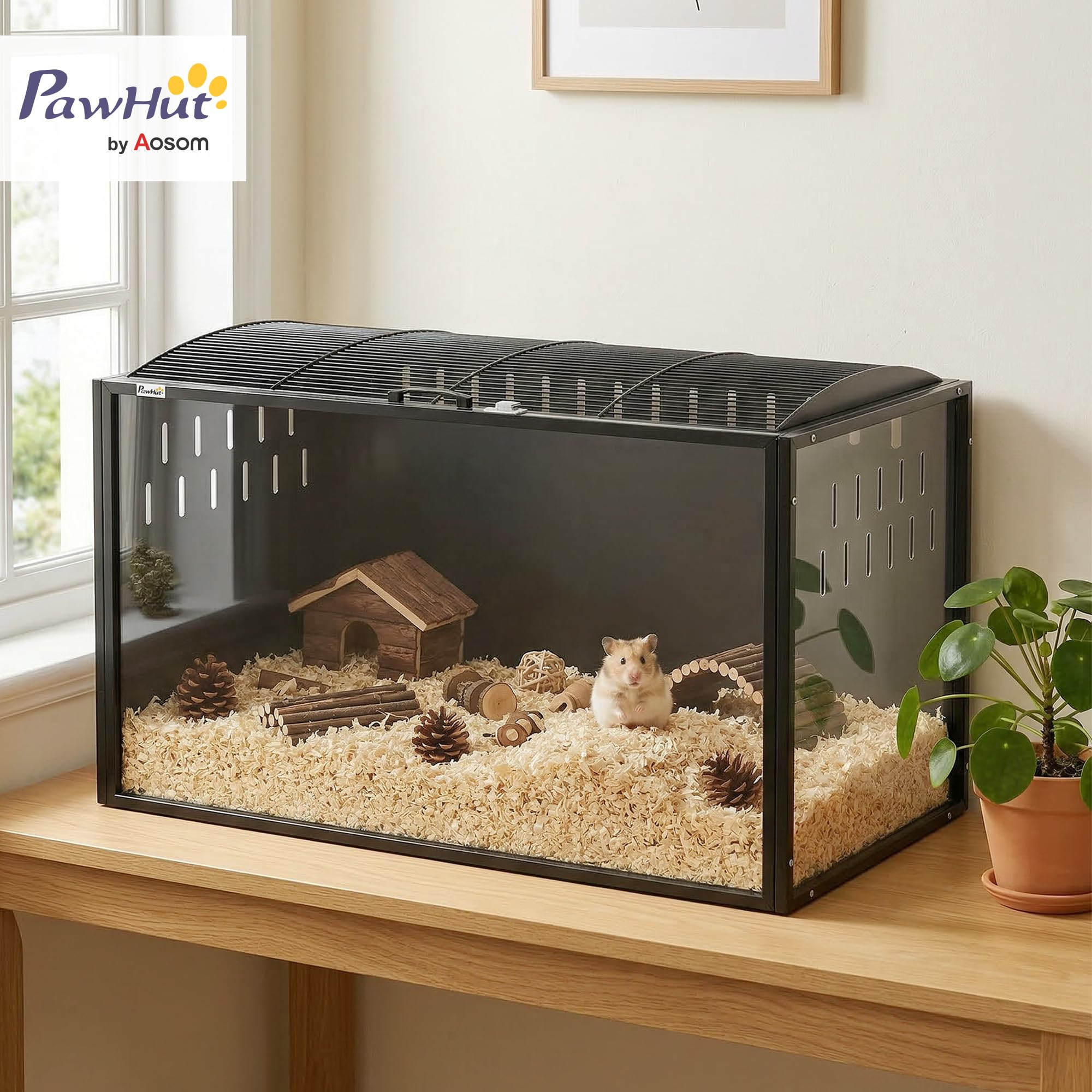 PawHut Jaula para Hámster Grande, 105x51x53 cm, Casa para Roedores Pequeños con Tapa Ventilada Abatible, Marco Metálico, Paneles Transparentes de Acrílico, Resistente a Mordiscos, Ratas, Jerbos, Negro