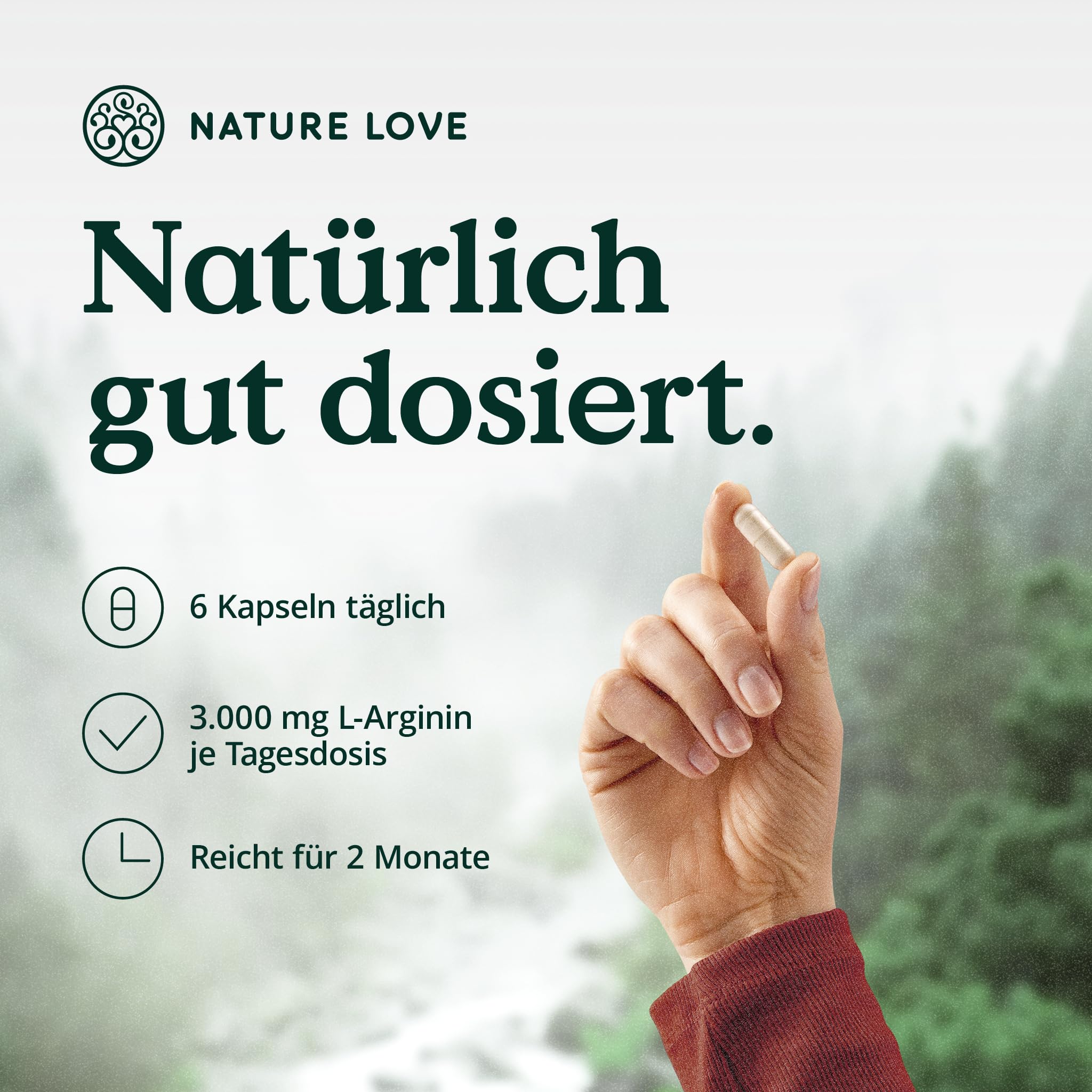 NATURE LOVE® L-Arginin Base mit Citrullin - 365 Kapseln - Hochwertiges pflanzliches Arginin in BASE Form mit 99,7+% Reinheit - Hochdosiert, vegan, in Deutschland produziert