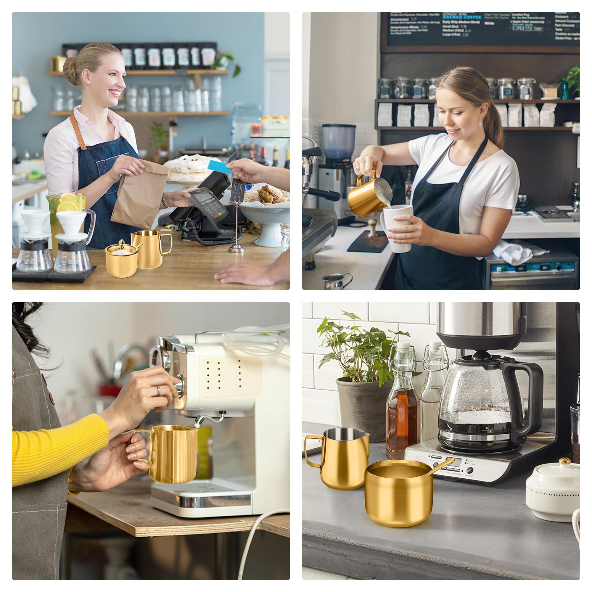 Juego de azúcar y crema, recipiente de azúcar y jarra de espuma de leche para cafetería, azucarero de acero inoxidable con tapa y cuchara para accesorios de máquina de espresso (dorado)