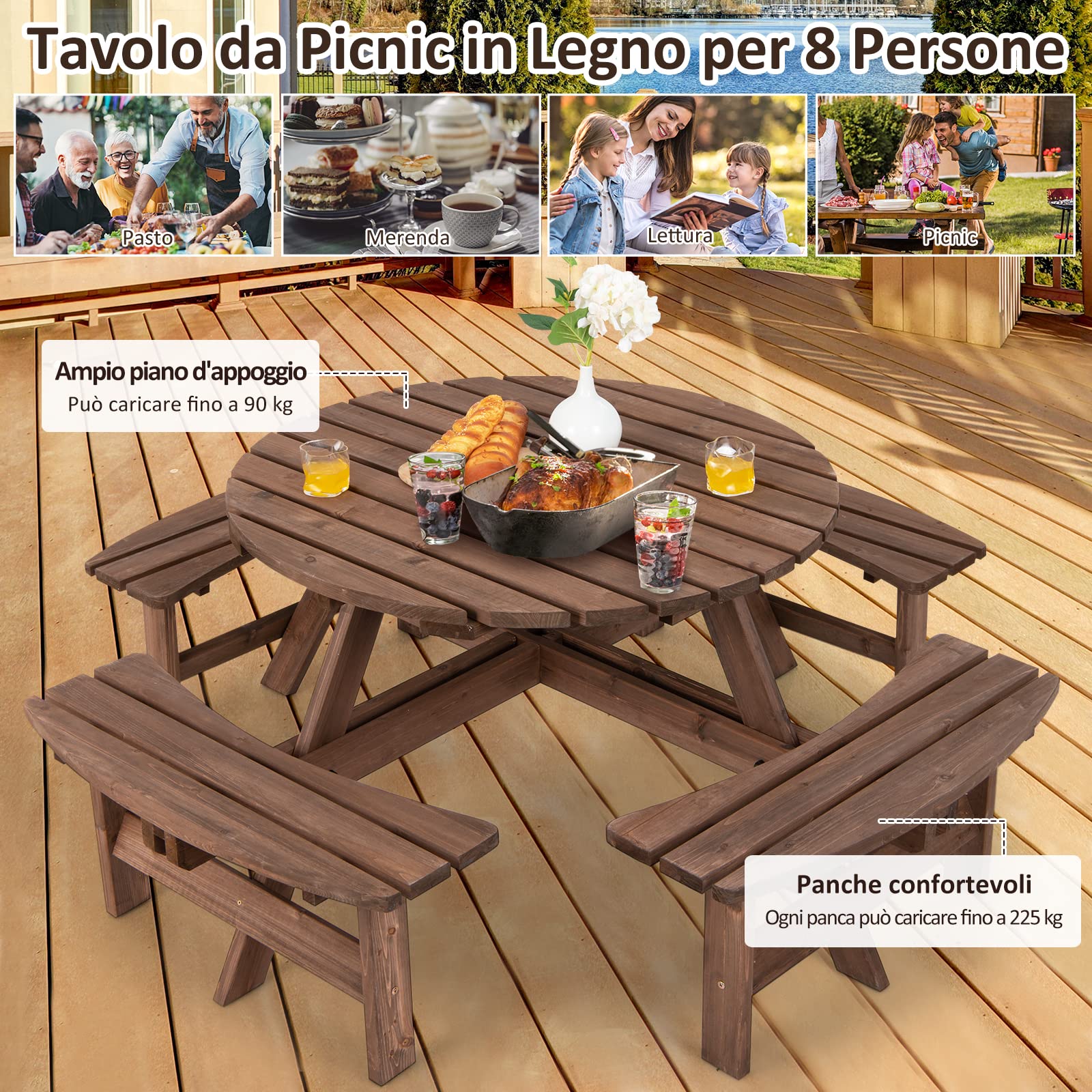 COSTWAY Set Tavolo da Giardino con 4 Panche Integrate, Legno Massiccio, con Foro Ombrellone, per 4-8 Persone, Tavolo Rotondo da Picnic per Esterno, Ogni Panca Porta 225 kg (Marrone, 178 x 178 x 70 cm)