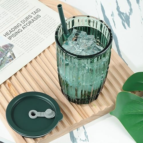 Miniatura 4 de Joeyan Vaso verde de 14.5 onzas con tapa y pajita, tazas de vidrio para café helado a rayas, tarro de té de batido de color, bebidas portátiles de