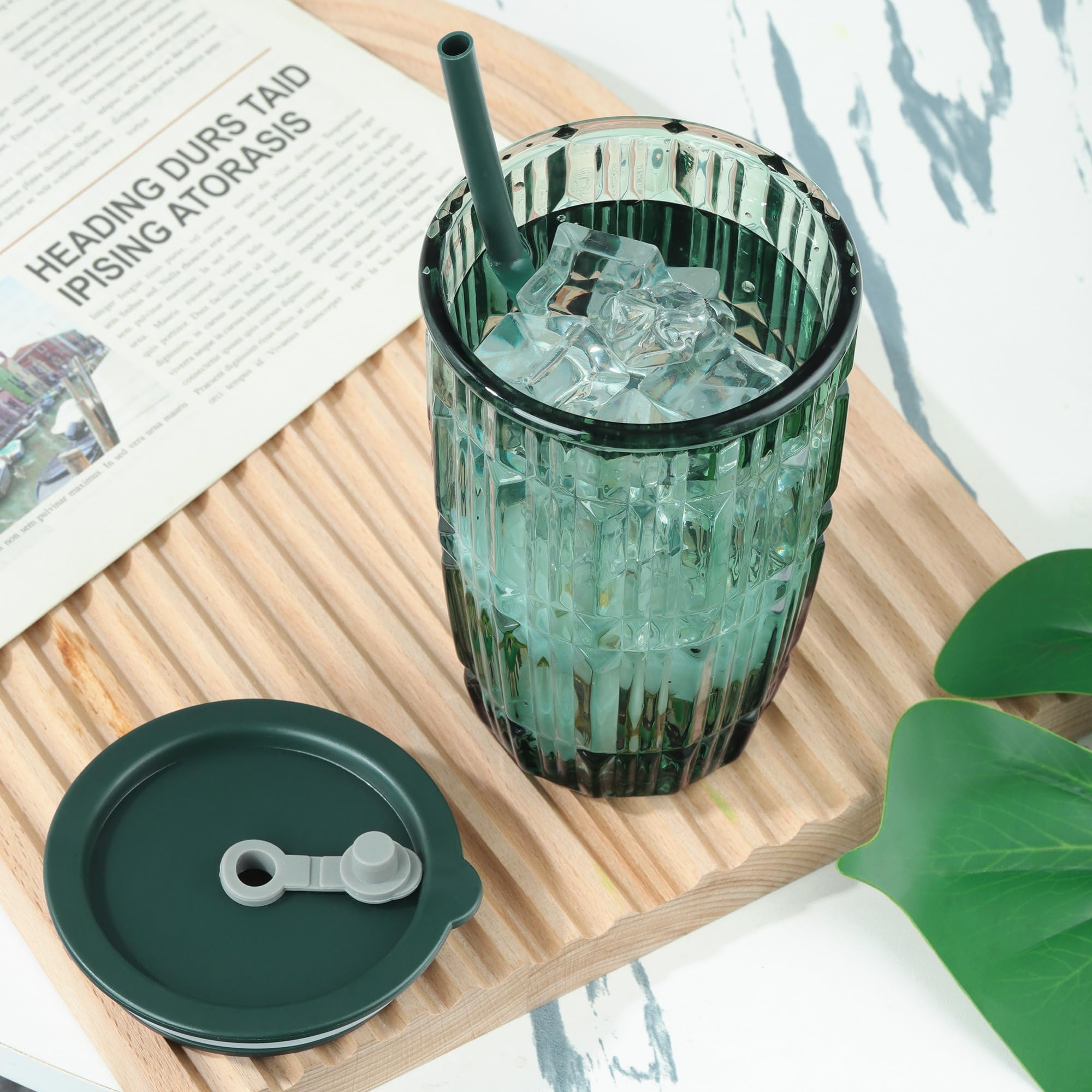 Joeyan 430 ml Verde Vaso de Vidrio con Tapa y Pajitas,Vaso de Agua de Vidrio con Mango Acanalados,Vaso de Vidrio para Beber Batidos Jugo Boba Té,Juego de 2,Apto para Lavavajillas