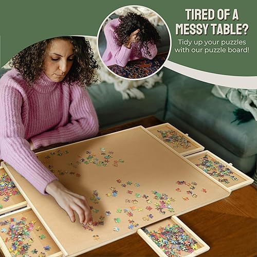 Tradeopia Tablero de rompecabezas de madera de lujo con 6 cajones para rompecabezas de 1500 piezas, superficie de trabajo lisa, accesorios ideales