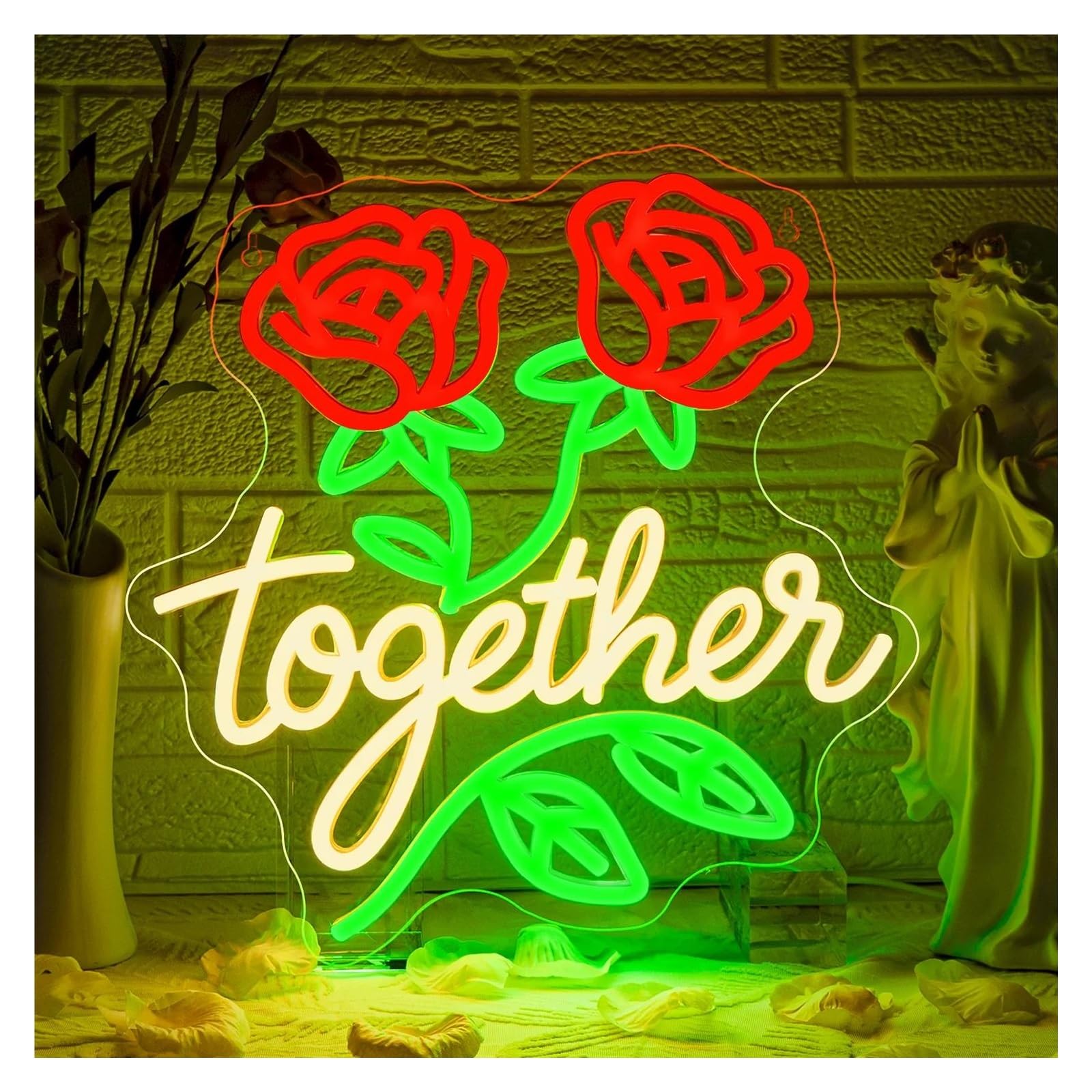 RONGCH Hanging Art Neon Signs Together Neon Sign Red Rose Flower LED Light Dimmable for Wedding Party Home Wall Decor Night Lamp Wall Decor 38cmx36.8cm