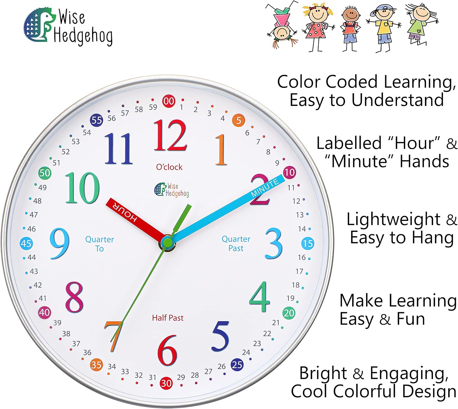 WISE HEDGEHOG Telling Time Teaching Clock, Silent Non Ticking Analog Battery Operated Learning Clock for Kids, Perfect Room & Wall Decor for School Classrooms, Playrooms and Kids Bedrooms