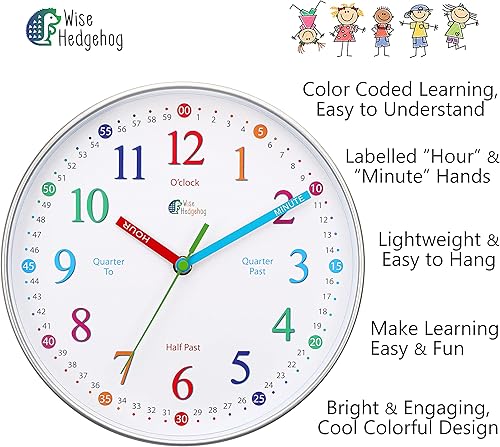 Miniatura 7 de Reloj de aprendizaje para niños, silencioso sin tictac, reloj de enseñanza para decir la hora, decoración de pared de habitación de niños para