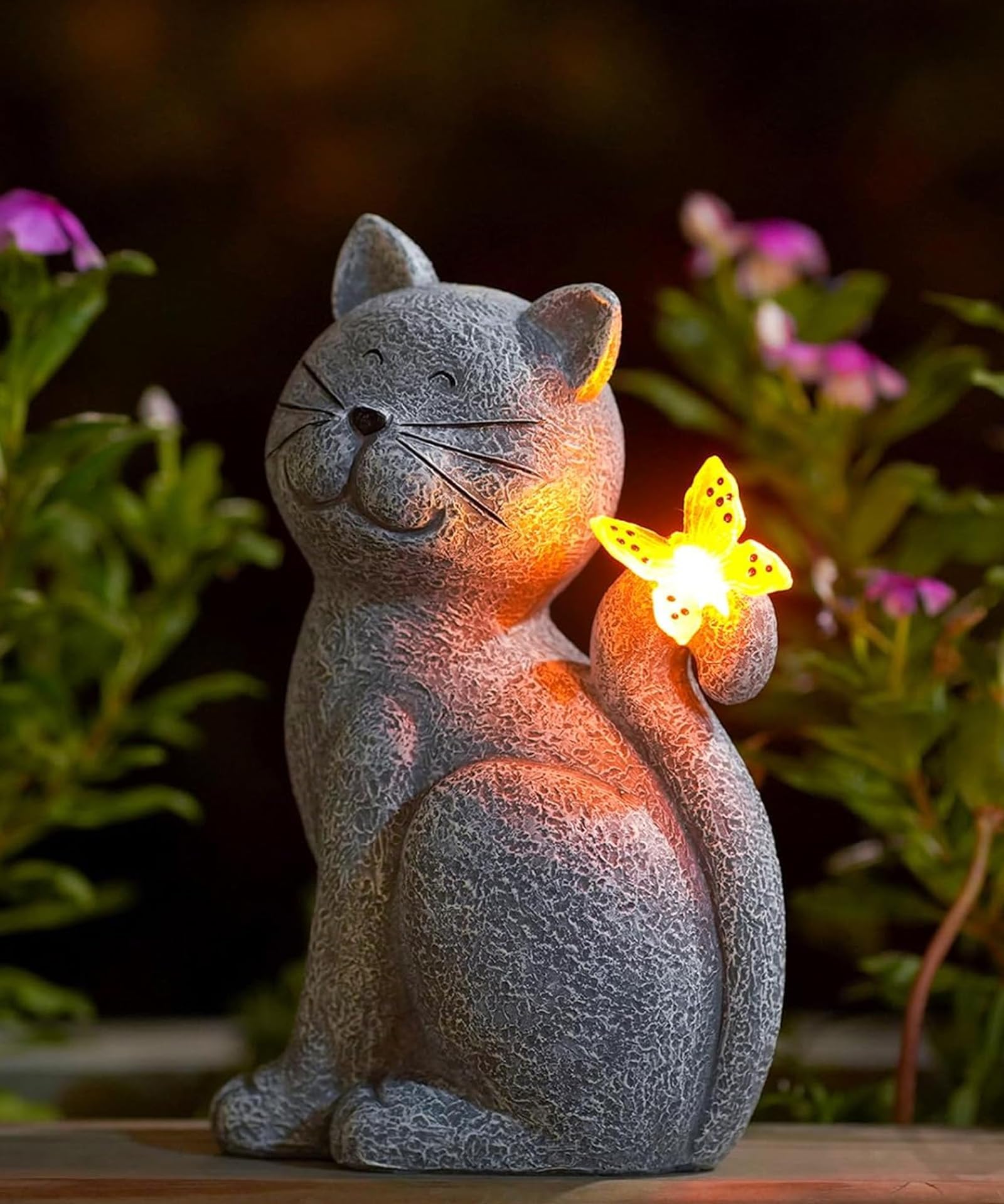 Goodeco Katten standbeeld met zonne-vlinder tuin ornamenten buiten - grappige kat geschenken voor vrouwen mama verjaardagscadeau tuin balkon decor woonkamer waterdicht grijs 20,3 cm