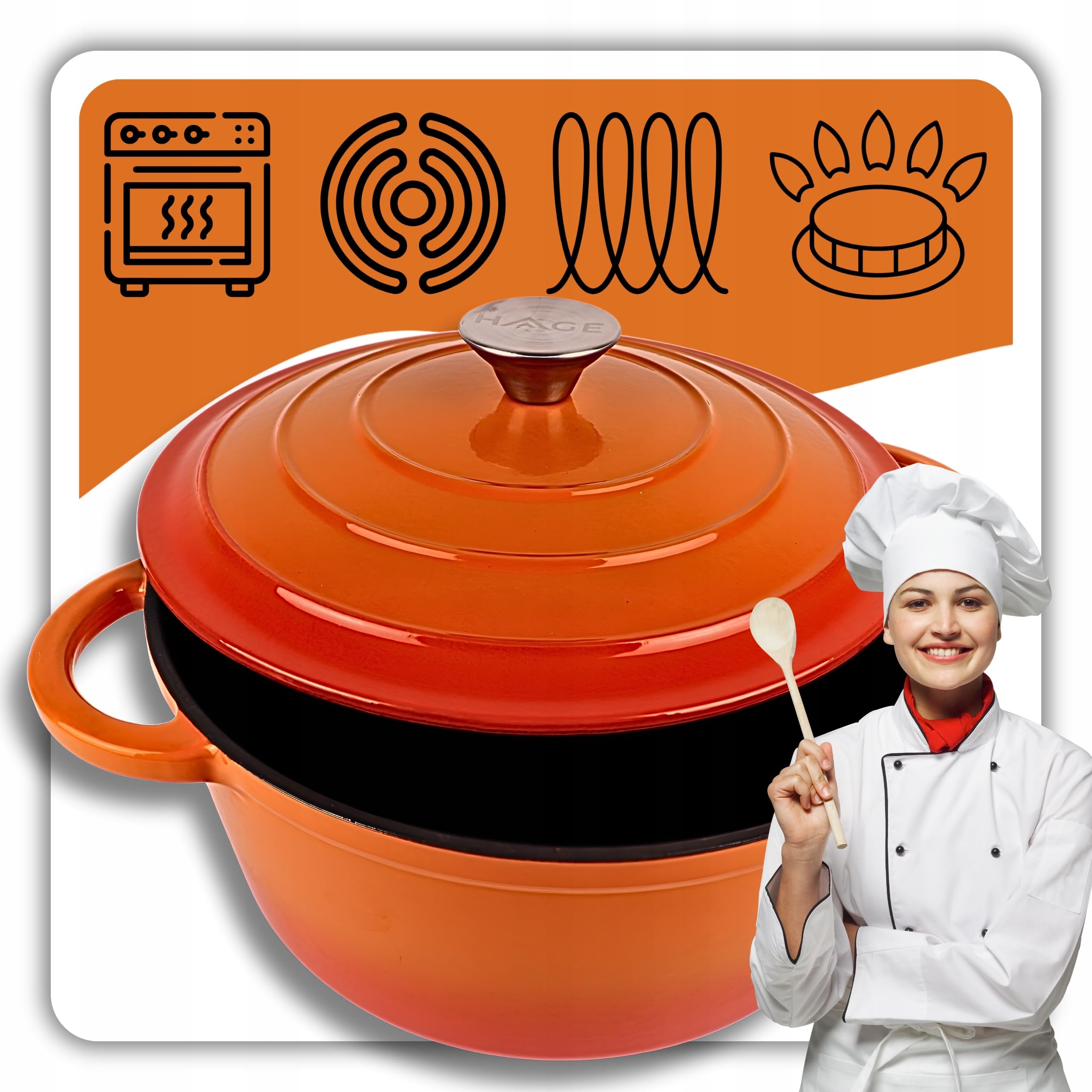 HAGE Gusseisen Topf Emailliert mit Deckel 3 l 22cm - Hoher Kochtopf Emaille Alle Herdarten - Gusseiserner Schmortopf Induktion Backofengeeignet - Gusstopf Brot Backen Leicht zu Reinigen, Orange