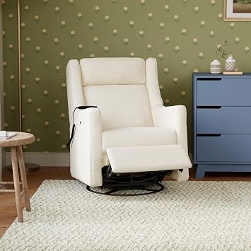 Babyletto Kiwi Deluxe Power Recliner and Swivel Glider with Heat and Massage in Performance Ivory Boucle, Water Repellent & Stain Resistant, Greenguard Gold, FSC and CertiPUR-US Certified