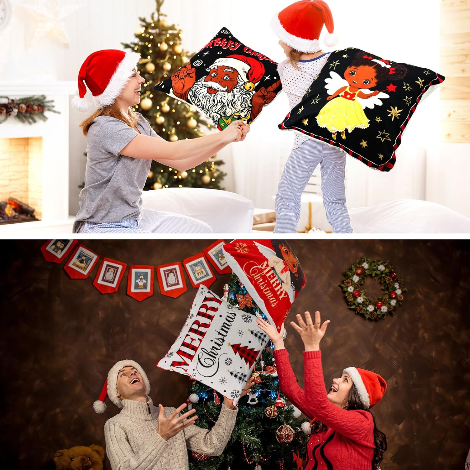 FuWeave 12 Pcs Merry Christmas Black Santa Claus Girl Throw Pillow Cover 18 x 18 Inch African American Christmas Xmas Decorations and Supplies Winter Holiday Cushion Cover for Home 12 Style