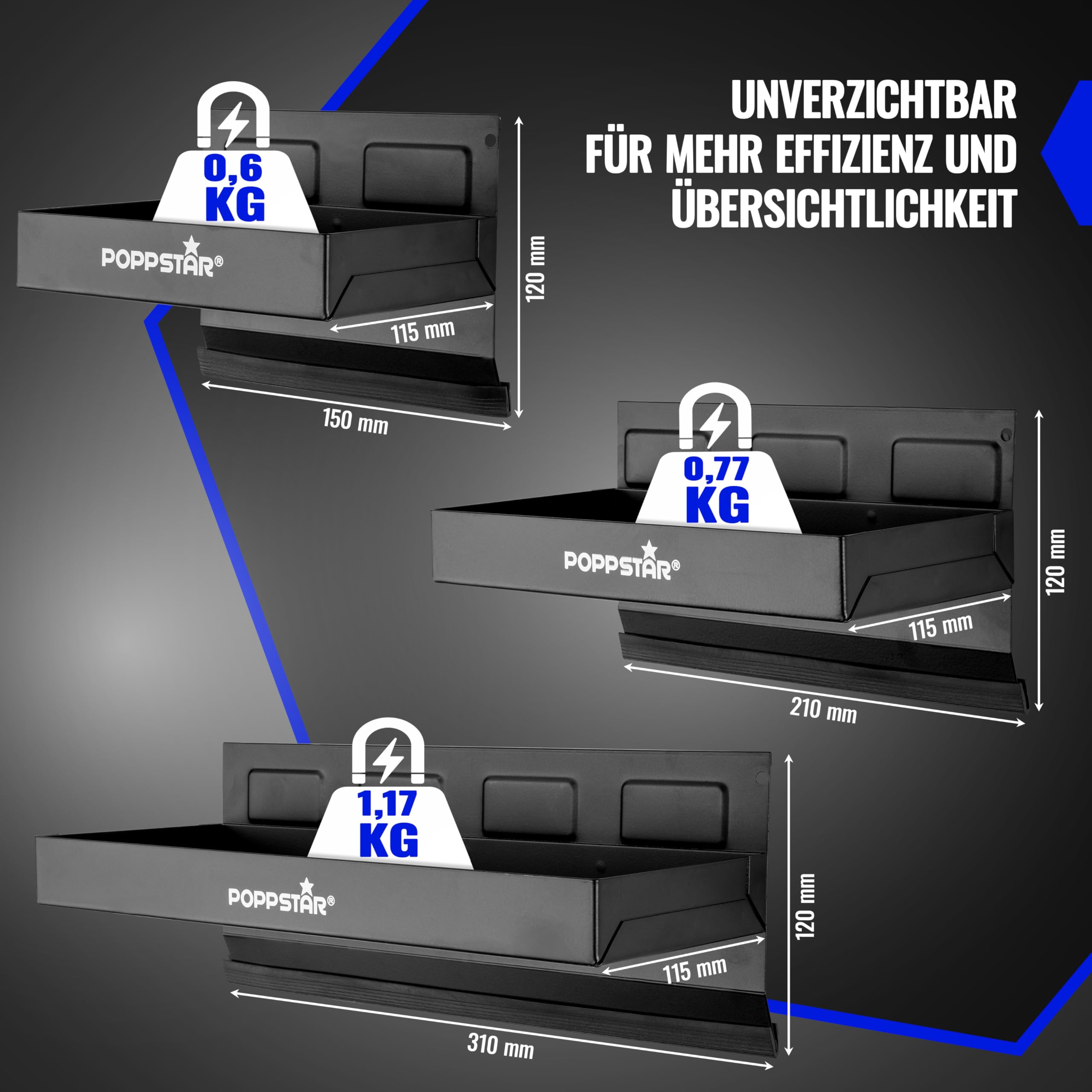Poppstar 3 Magnetische Ablagen, verschiedene Größen: 150mm, 210mm, 310mm, Material: Stahl, Farbe: schwarz