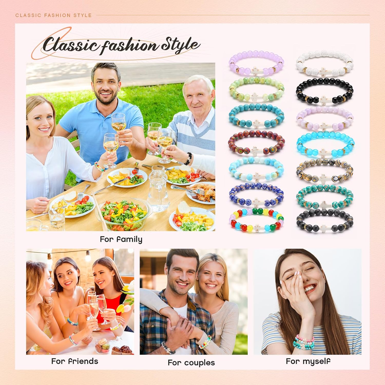 Huquary 24 Pcs Cross Beads Bracelet for Men Women 8mm Couple Cross Bracelets Black Christian Healing Lava Stone Stretch Turquoise Tiger Eye Stone Natural