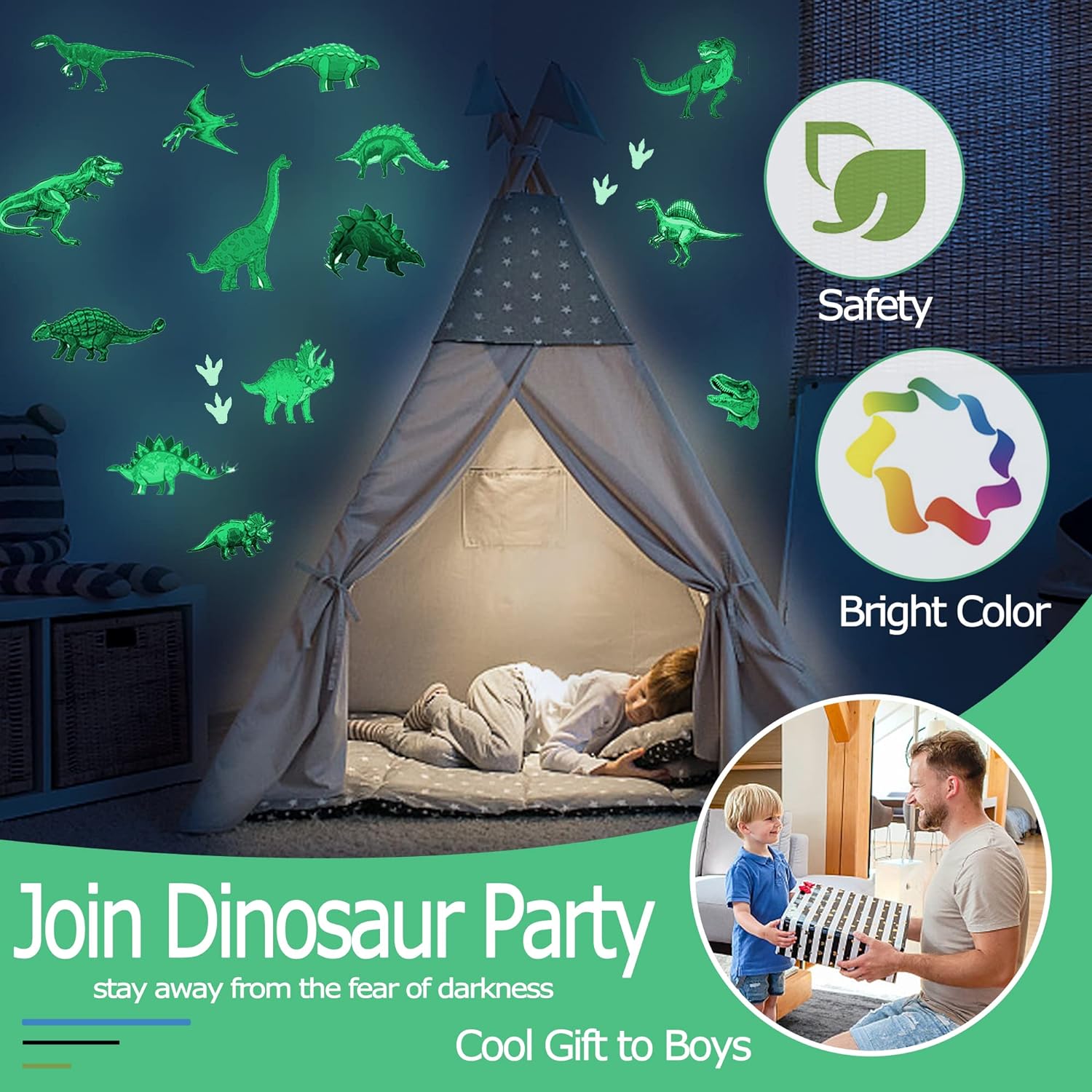 Glow in The Dark Dinosaur Wall Decals Stickers, Glowing Dinosaur Wall Stickers Self-Adhesive for Ceiling, Removable Wall Stickers for Boys Bedroom Kids Girls Baby Nursery Gift - Image 3