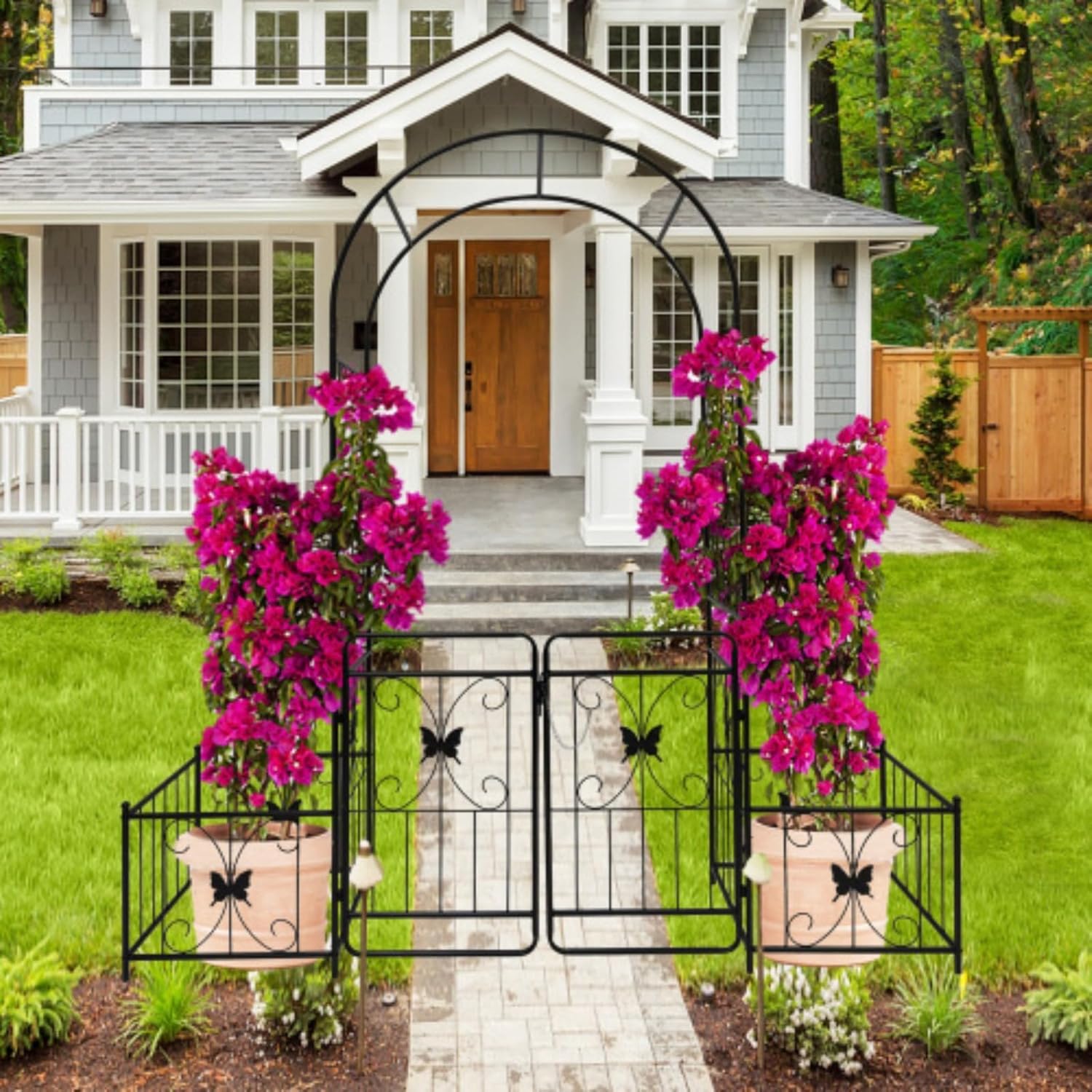 Metal Garden Arch with Gate 79.5''W*86.6''H Arbor Climbing Plants Support Rose Arch Outdoor Wedding Arch Party Events Archway