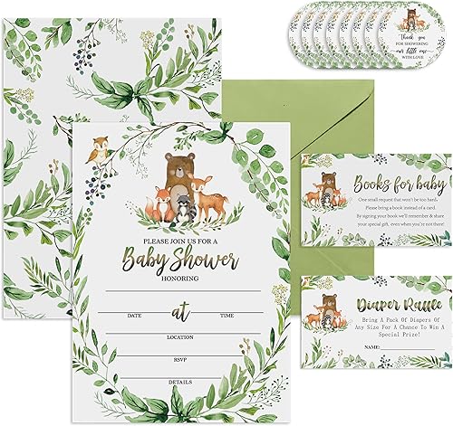 Miniatura 1 de 25 invitaciones para baby shower de bosque con sobres, boletos para rifas de pañales y tarjetas de solicitud de libros, calcomanías de animales del