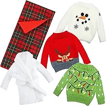 Zomiboo 5 Pieces Christmas Doll Accessories Set Including 3 Santa Knitted Doll Sweaters 1 Red Plaid Sleeping Bag and 1 White Nightgown Bathrobe for Xmas DecorationsClassic Style