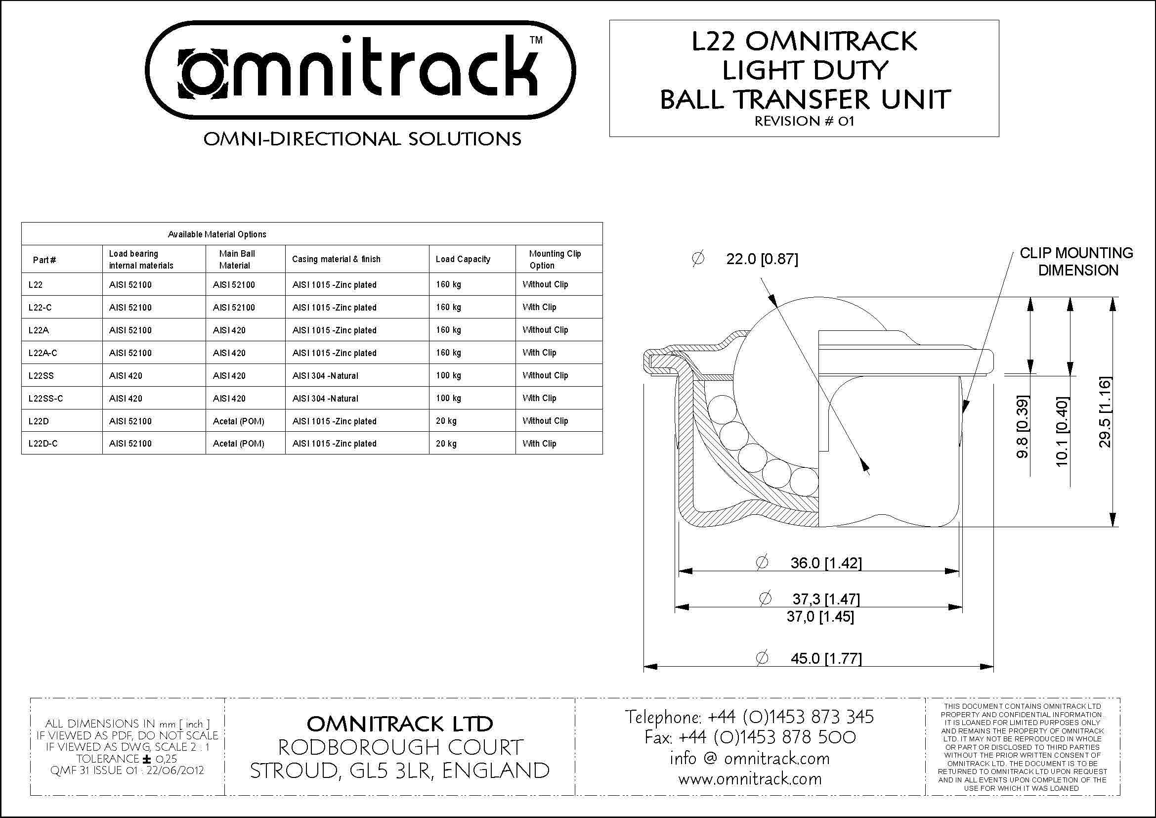L22D Push Fit Light Duty Ball Transfer Unit 7/8