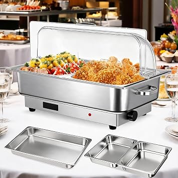 9QT Electric Chafing Dish Buffet Server, Stainless Steel Food Warmer with 400W Adjustable Temperature, Digital Display, Clear Roll Top Lid 1 Full-Size Pan& 2 Half-Size Food Pans for Parties, Buffets