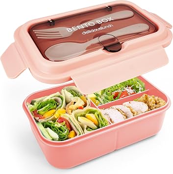 Fanhaw 40 Oz/5 Cup Bento Box for Kids, Men and Women, Lunch Box with 3 Compartments, Utensil, Microwave & Dishwasher Safe Pink