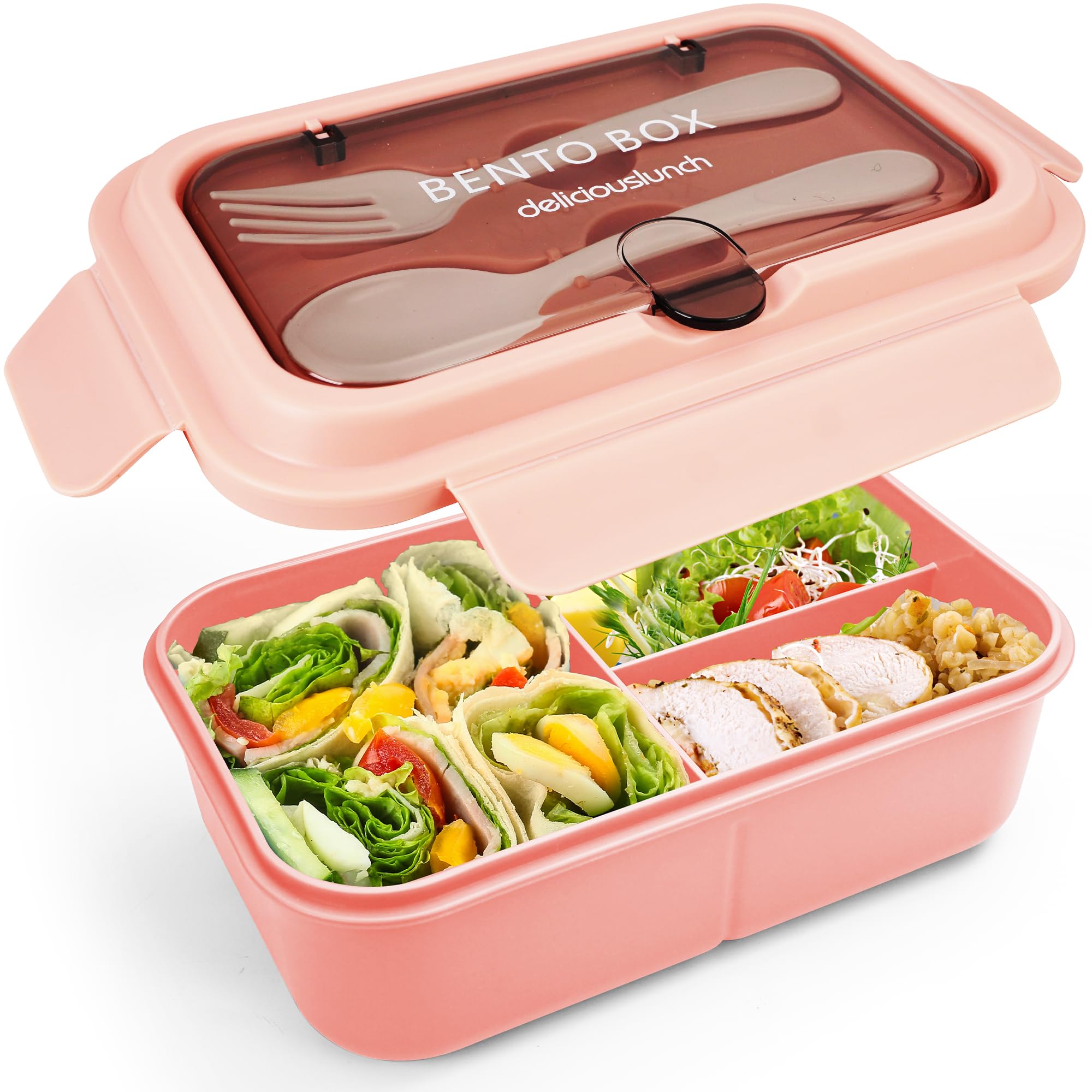 Photo 1 of Fanhaw 40 Oz/5 Cup Bento Box for Kids, Men and Women, Lunch Box with 3 Compartments, Utensil, Microwave & Dishwasher Safe (Pink)